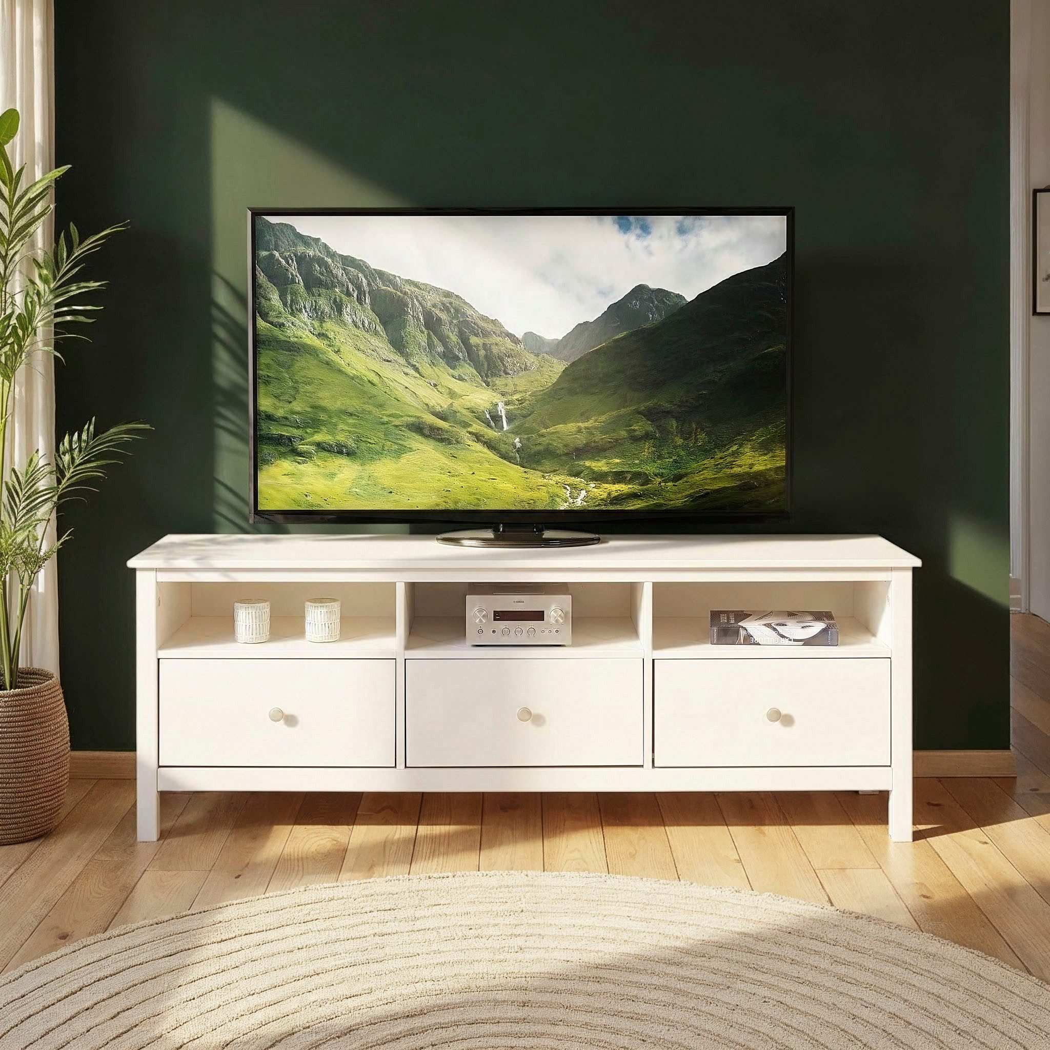 Inter Link TV-Board Pinora, Kiefer Massivholz, Weiss, 160 x 45 x 57 cm, viel Stauraum (1 St), TV Lowboard im modernem Skandi Look, 3 Schubladen, Kabeldurchführung