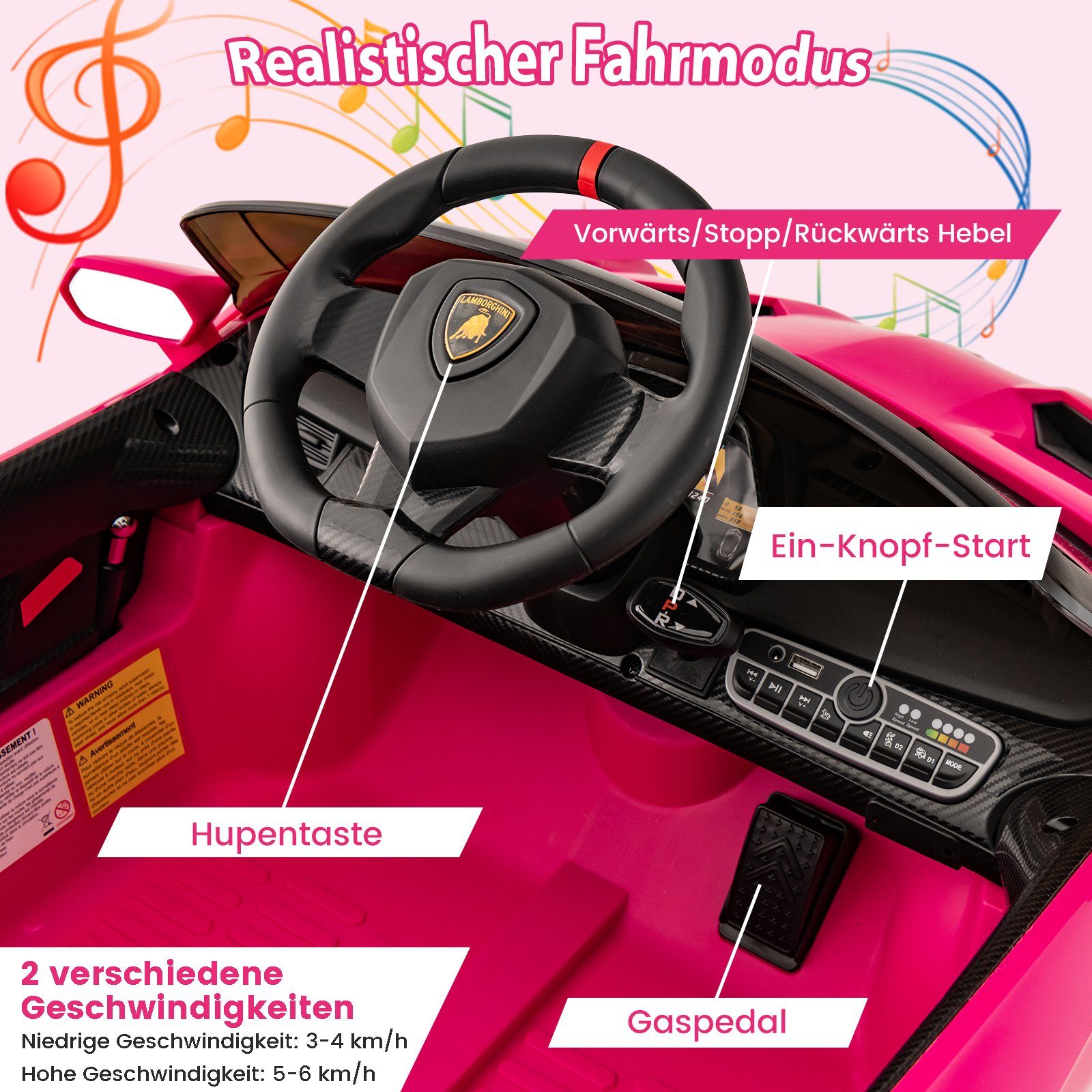 COSTWAY Elektro-Kinderauto, Lamborghini Kinder Elektroauto mit Hupe, Musik