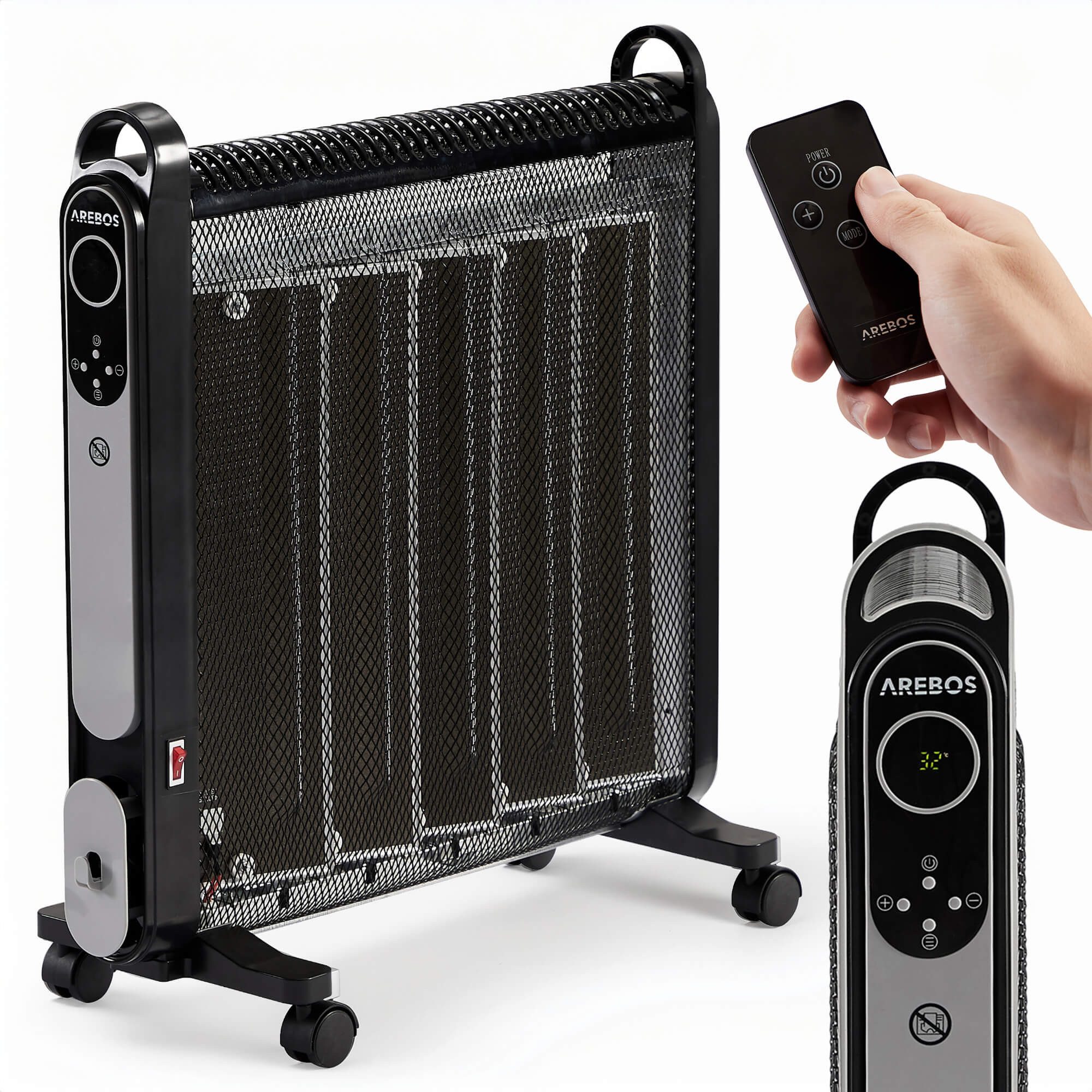 Arebos Konvektor Elektroheizung, mobiler elektro Heizlüfter mit 2 Heizstufen, schwarz, 2000 W