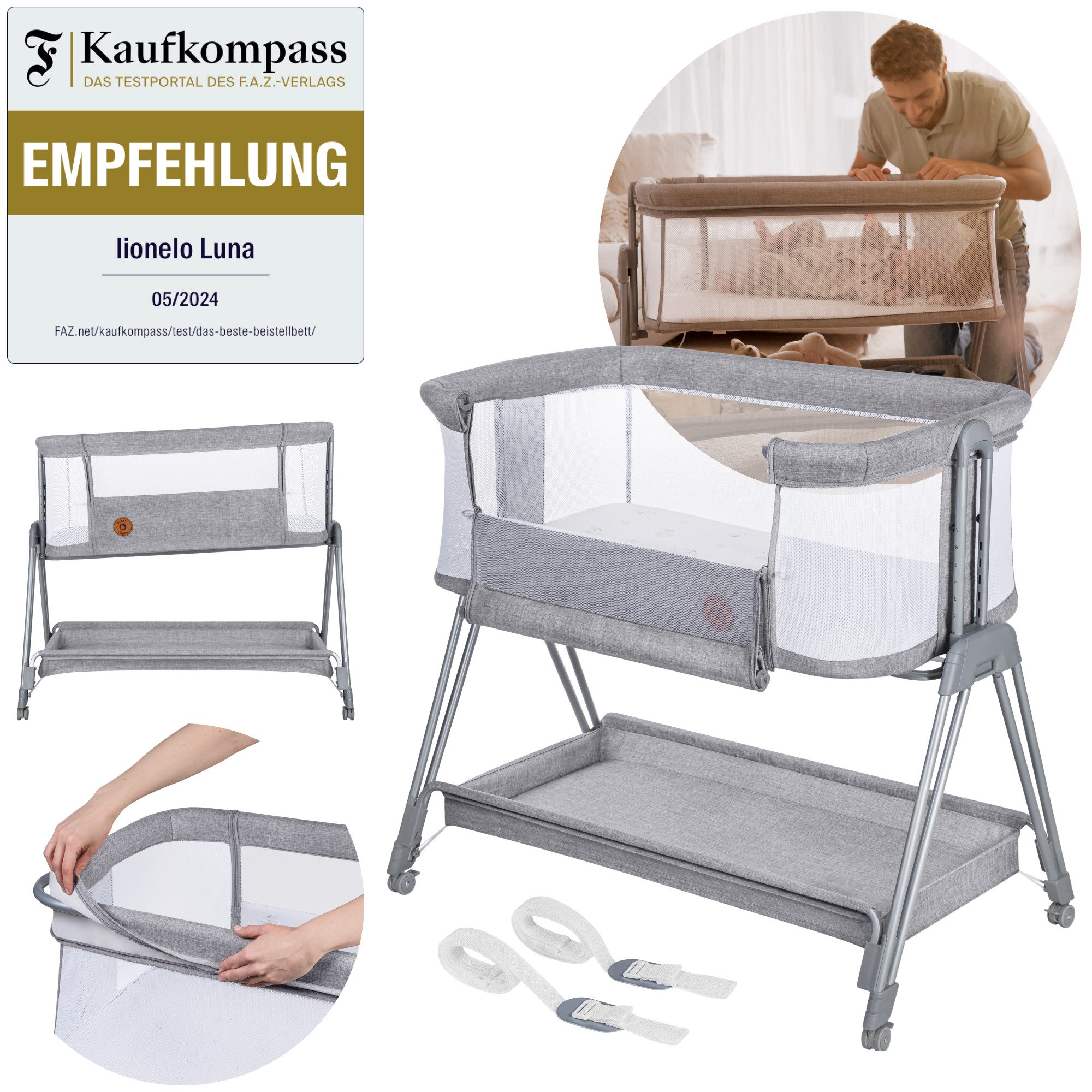 lionelo Reisebett LUNA (Set, 2-in-1-Bettchen mit Matratze und Befestigungsgurten) 2-in-1/7 Höhen/Mesh-Seiten/Korb/4 Rollen mit Bremse/Gurte