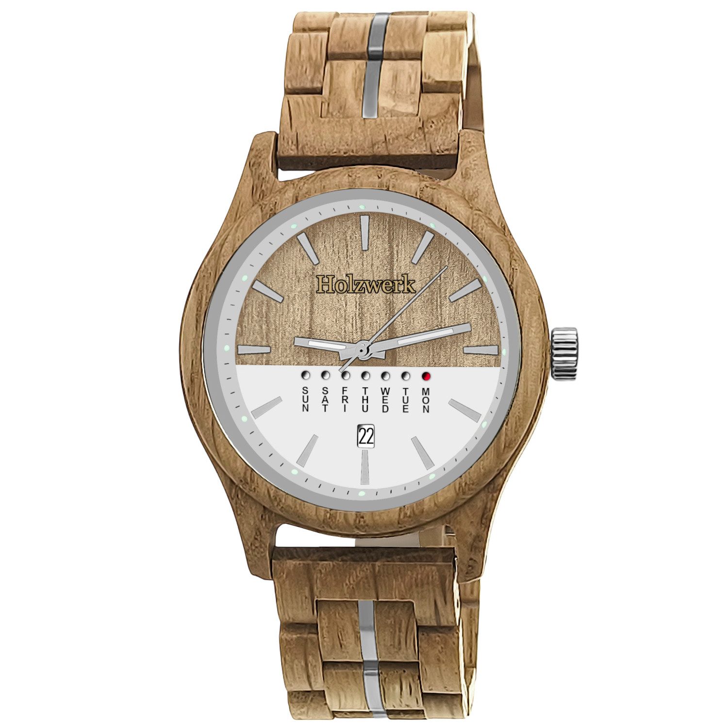 Holzwerk Quarzuhr BONN Designer Holz Armbanduhr mit Datumsanzeige in beige, silber BONN