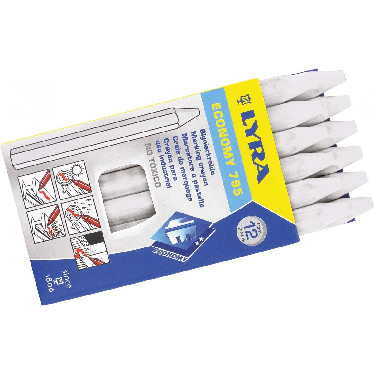 LYRA Kreidemarker Lyra Signierkreide 12 Stück weiß, (auf Ölbasis, sechseckig - gespitzt - Ø11mm x 120mm (unpapiert), zum Beschriften von Holz, Nassholz, Stein und Metall geeignet