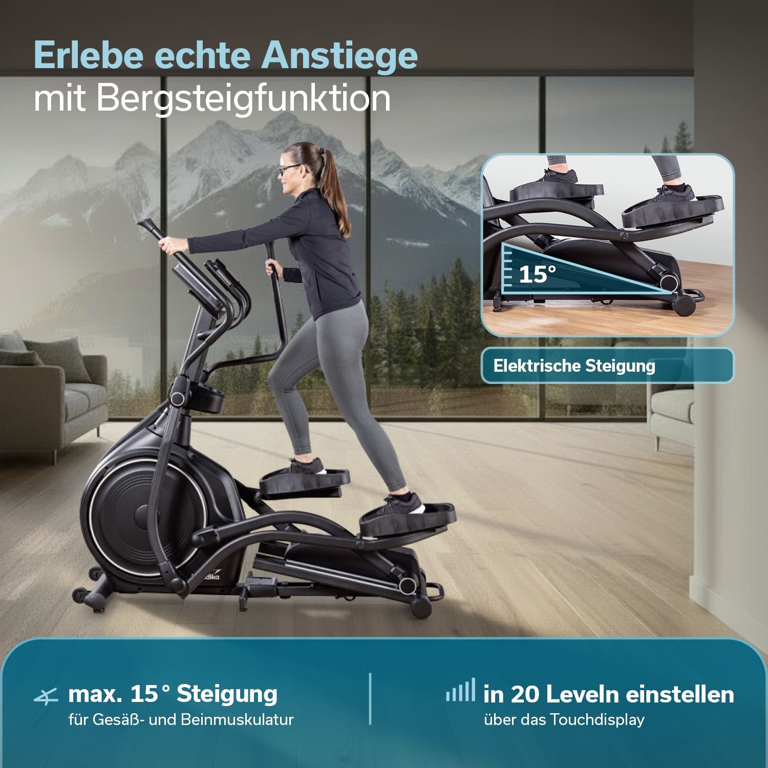 Skandika Crosstrainer Carbon P30-S, Ellipsentrainer für zuhause, 32 Widerstandsstufen (Magnetbremssystem, Tablet-Halterung, Getränkehalter, Schrittlänge 51cm), mit Steigung, bis 150 kg, Bluetooth, App kompatibel, Transportrollen