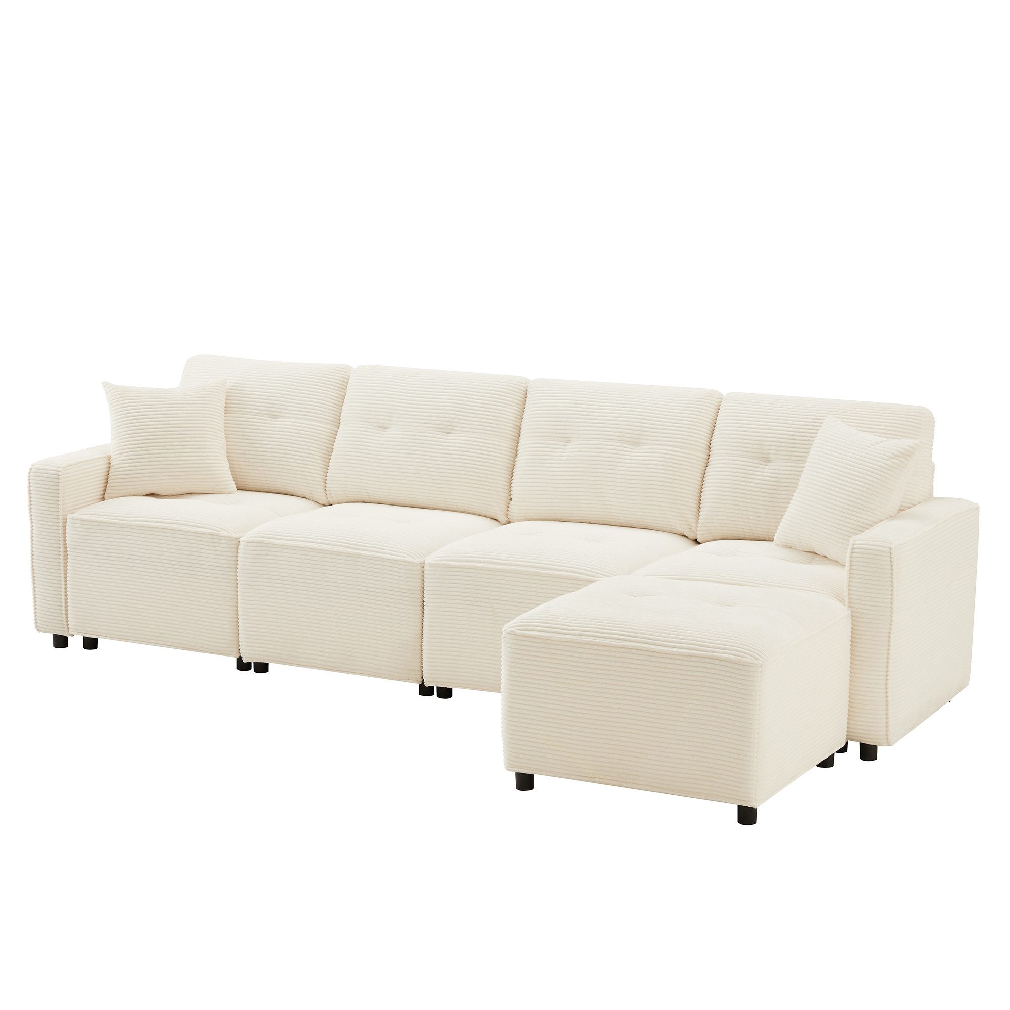 Flieks 4-Sitzer Sofa mit hydraulisches Stauraum und 1 Hocker, L280xT83xH85 cm, L-förmiges Sofa Ecksofa Polstersofa inkl. Kissen, Cordstoff Beige