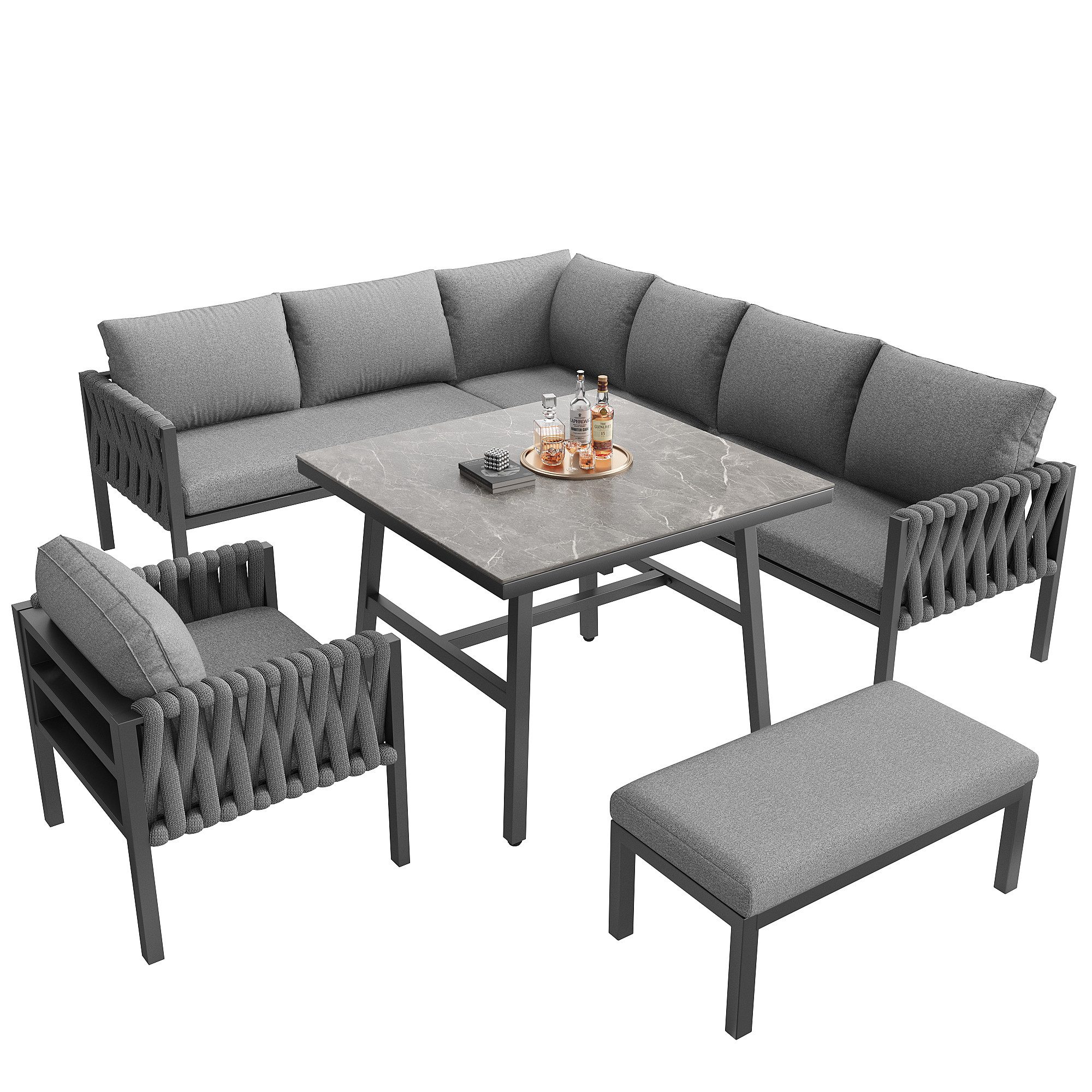 KLAM HOME Gartenlounge-Set Seilgartenmöbelset mit Ecksofa und verstellbare Beine für 7-8 Personen, (5-tlg., 1 4-Sitzer Sofa, 1 Ecksofa, 1 Sessel, 1 Couchtisch, 1 Fußbank), geeignet für Gärten, Schwimmbäder und Terrasse