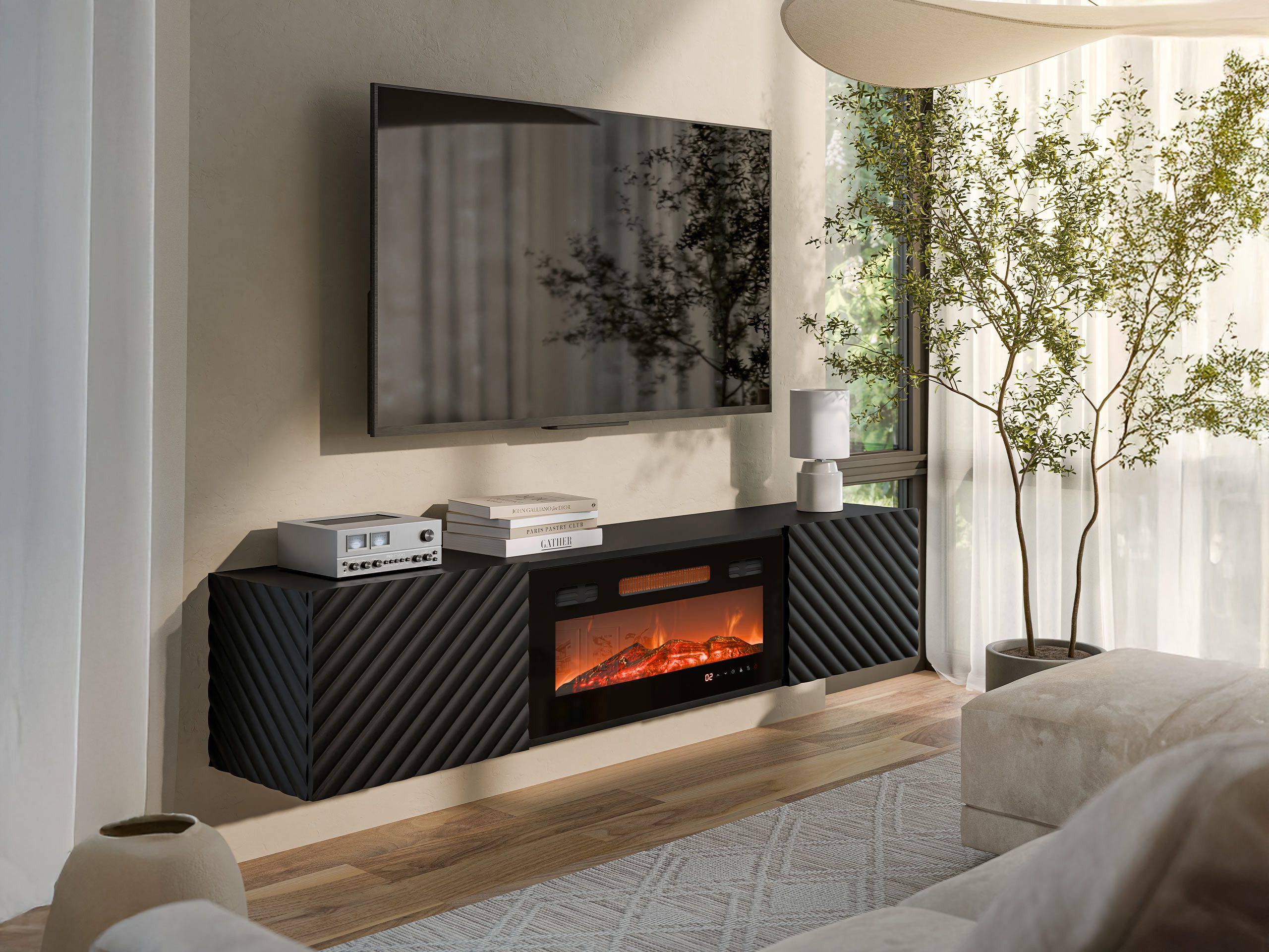 MIRJAN24 TV-Schrank Lara mit Kamin (mit zwei Drehtüren) Realistische LED-Flamme, 183x35x37 cm – Bild 2 von 5