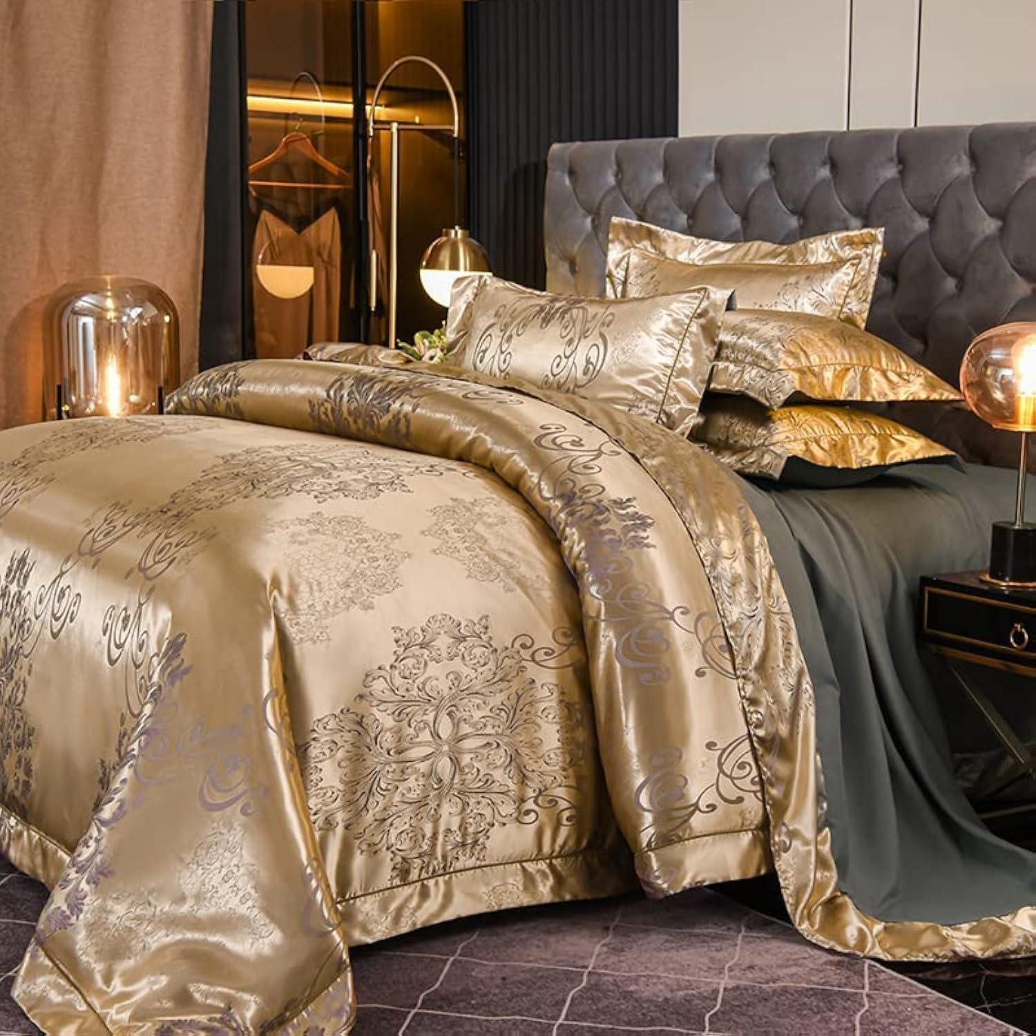 LuxusKollektion Bettwäsche Bettwäsche 135x200 Satin Gold Blumen Jacquard Champagner