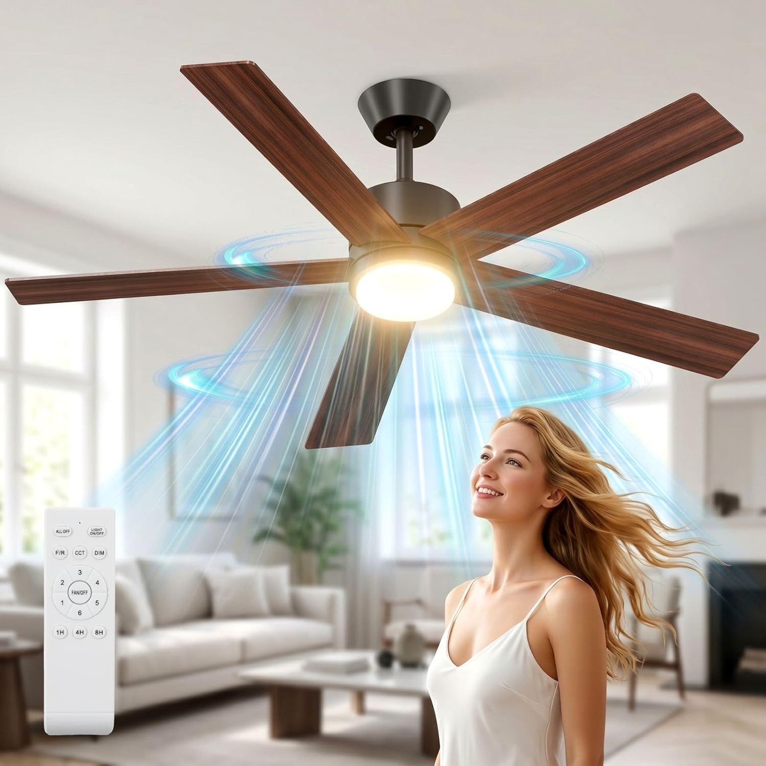TLGREEN Deckenventilator 132cm mit Beleuchtung, Leiser reversibler DC Motor, 5 Flügel, 6 Geschwindigkeiten, LED Lampe 3 Farbtemperaturen dimmbar