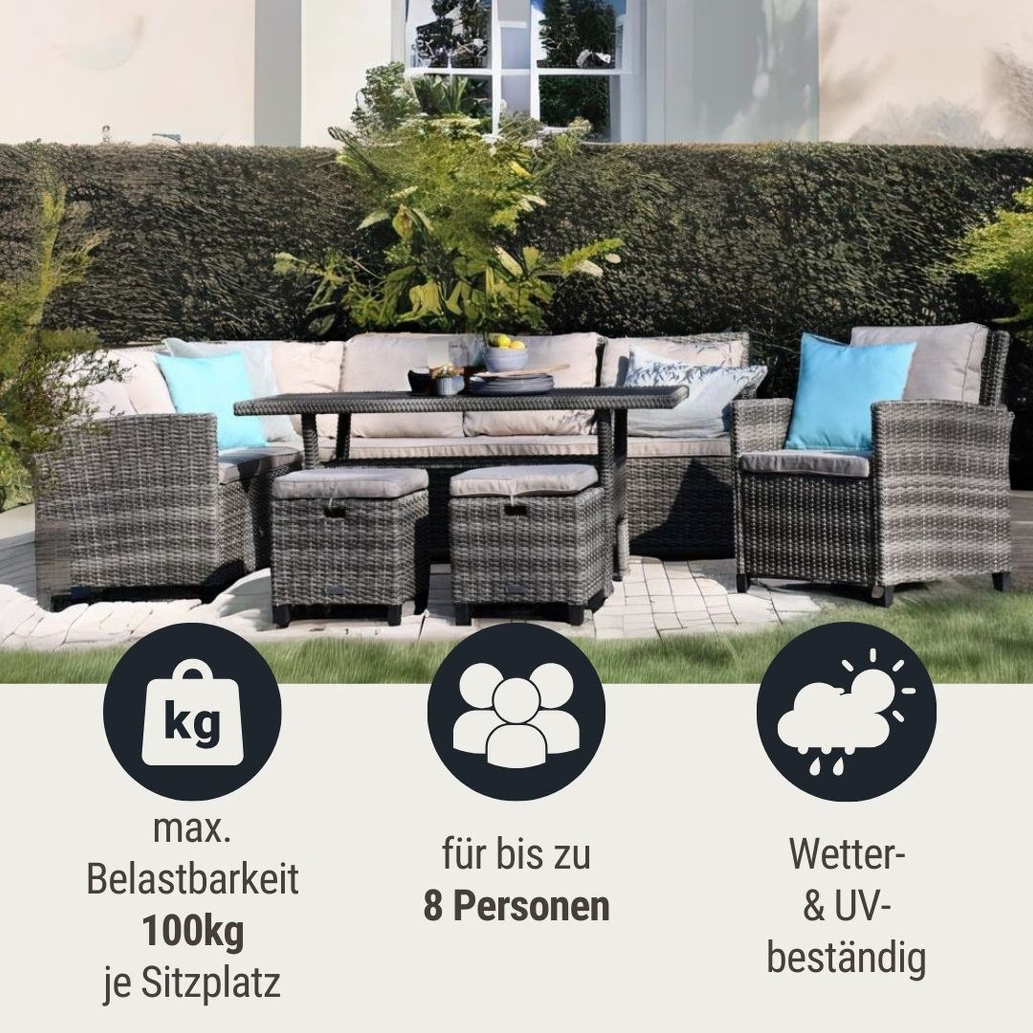 Wohnando Garten-Essgruppe Outdoor Esssitzgruppe "Tini" aus Rattan, für 8 Personen, (5-tlg), inkl. Sitzkissen in grau, Glastisch, Loungegruppe, Gartenmöbel