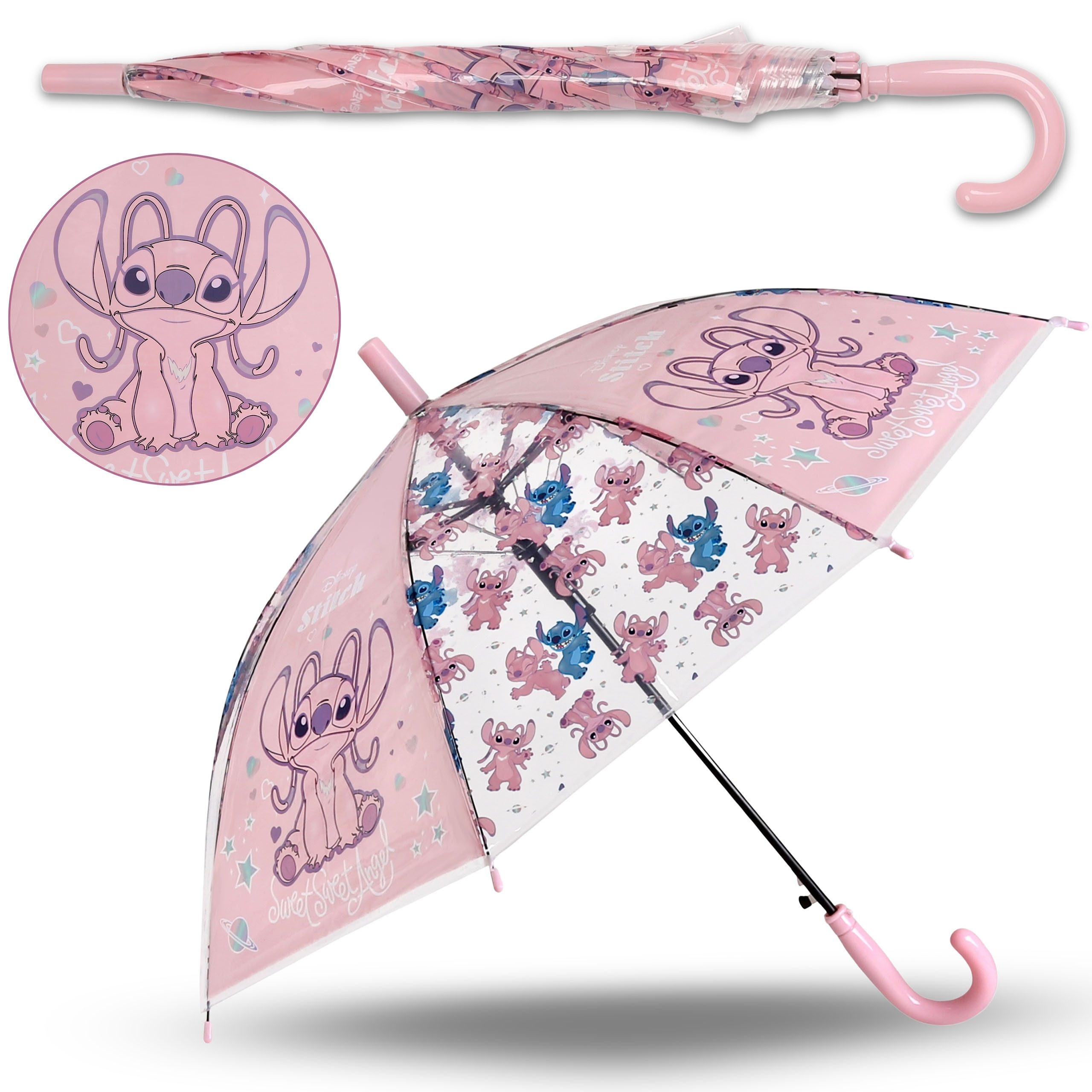 Disney Taschenregenschirm Disney Stitch Angel klappbarer, transparenter Regenschirm