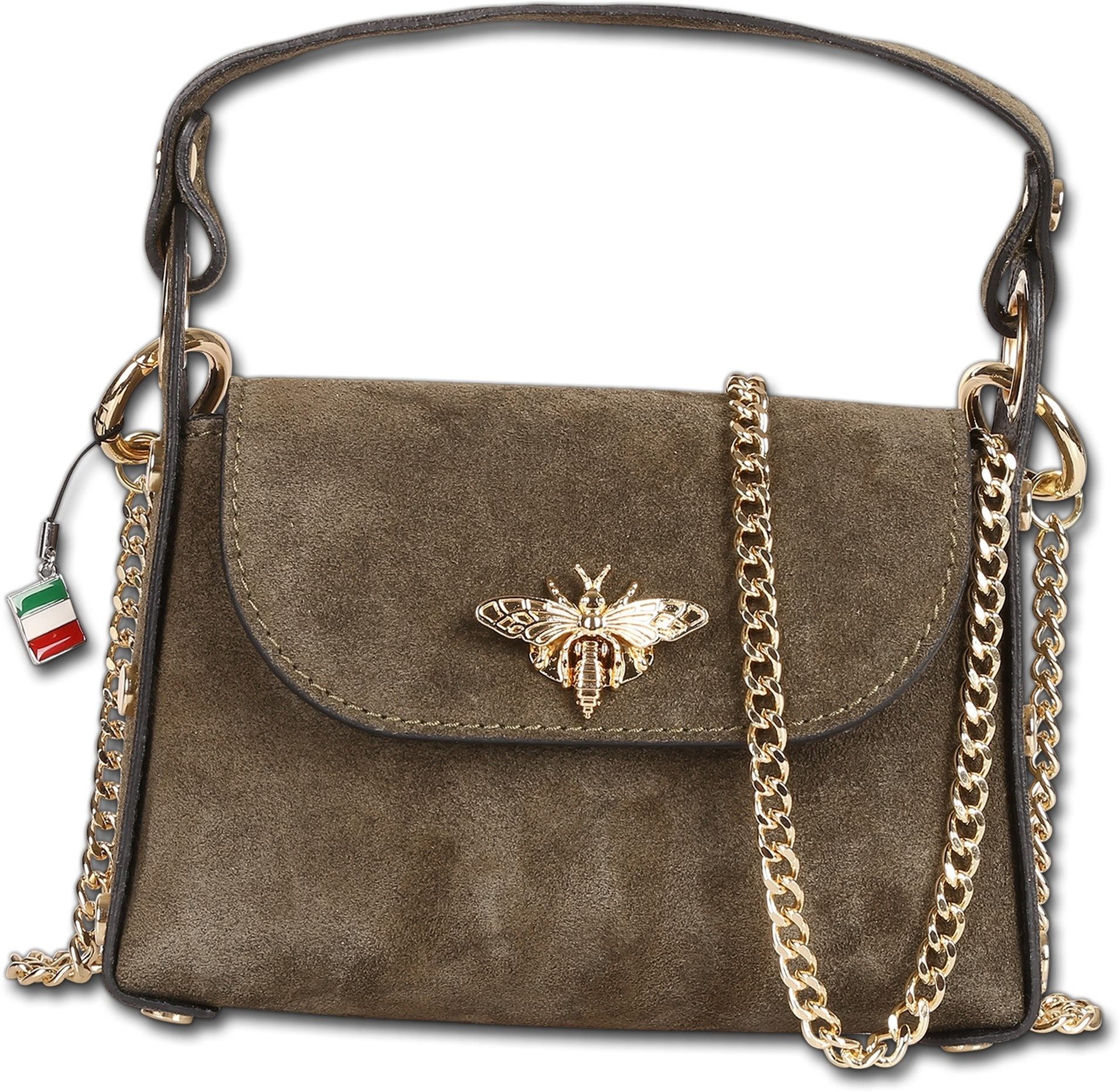FLORENCE Umhängetasche Florence Biene Damen Handtasche (Umhängetasche, Umhängetasche), Damen Tasche Echtes Wildleder olivgrün, Made-In Italy
