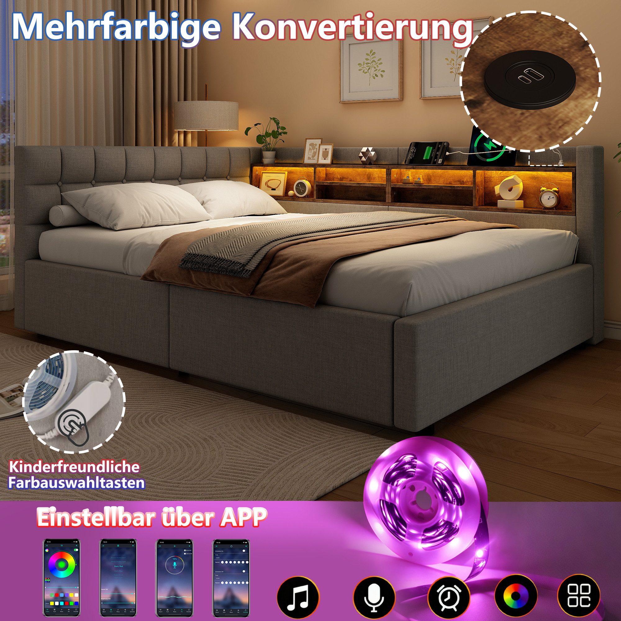 Merax Daybett mit LED-Beleuchtung & USB-Anschluss, Polsterbett mit Leinenbezug (Schlafsofa Jugendbett, 1 tlg), Tagesbett 140x200cm mit hydraulischem Stauraum &  – Bild 5 von 5
