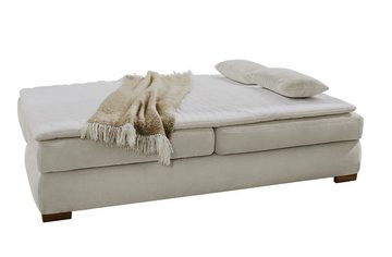 luma-home Schlafsofa 15151, Dauerschläfer mit Bettkasten 201 cm breit, Federkern, Wellenunterfederung, separater Topper, Feincord, Beige