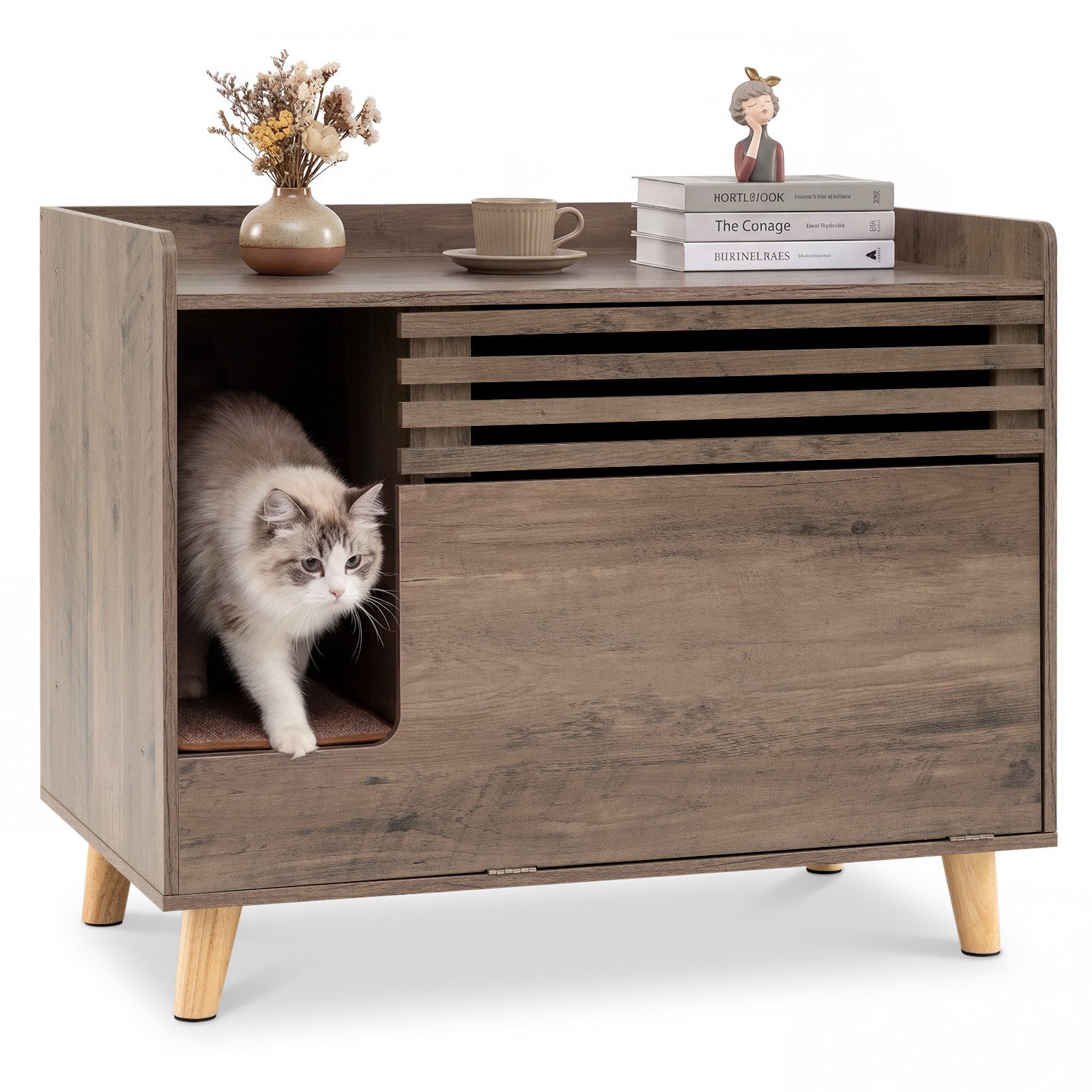 COSTWAY Katzentoilette Katzenklo Schrank, Katzenhaus, Katzenschrank mit Kratzmatte & Klapptür