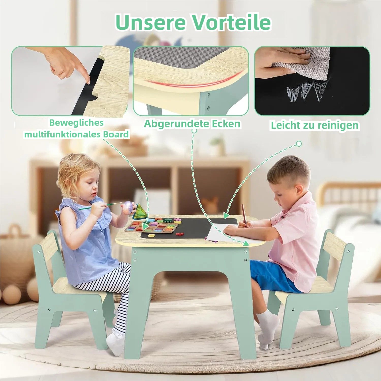 TLGREEN Kindertisch 4-in-1 Multifunktionstisch Set mit 2 Stühlen (Doppelseitenplatte (Maltisch/Bauplatte) und Stauraum, Kindermöbel für Kinderzimmer, Stauraum), Ideal für 3-7 Jahre