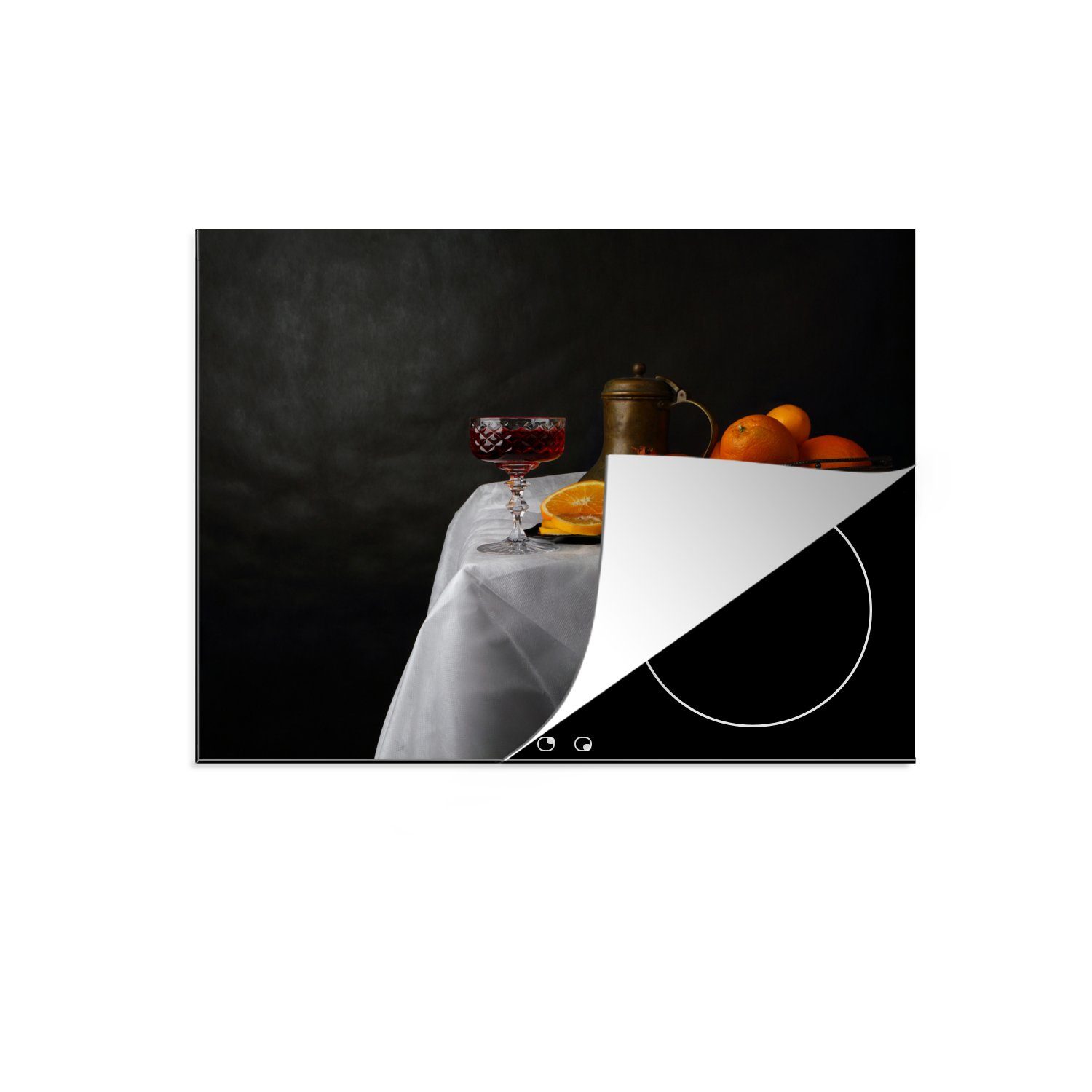 MuchoWow Herdblende-/Abdeckplatte Stilleben - (1 küche, Vinyl, - Mandarinen die Ceranfeldabdeckung cm, tlg), Schutz Induktionskochfeld Wein, 71x52 für