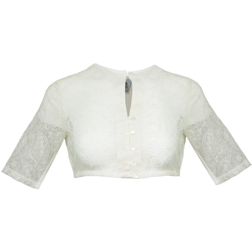 Dirndlbluse Hochgeschlossene Damen Spitzen Halbarm Bluse Xia - Ecru