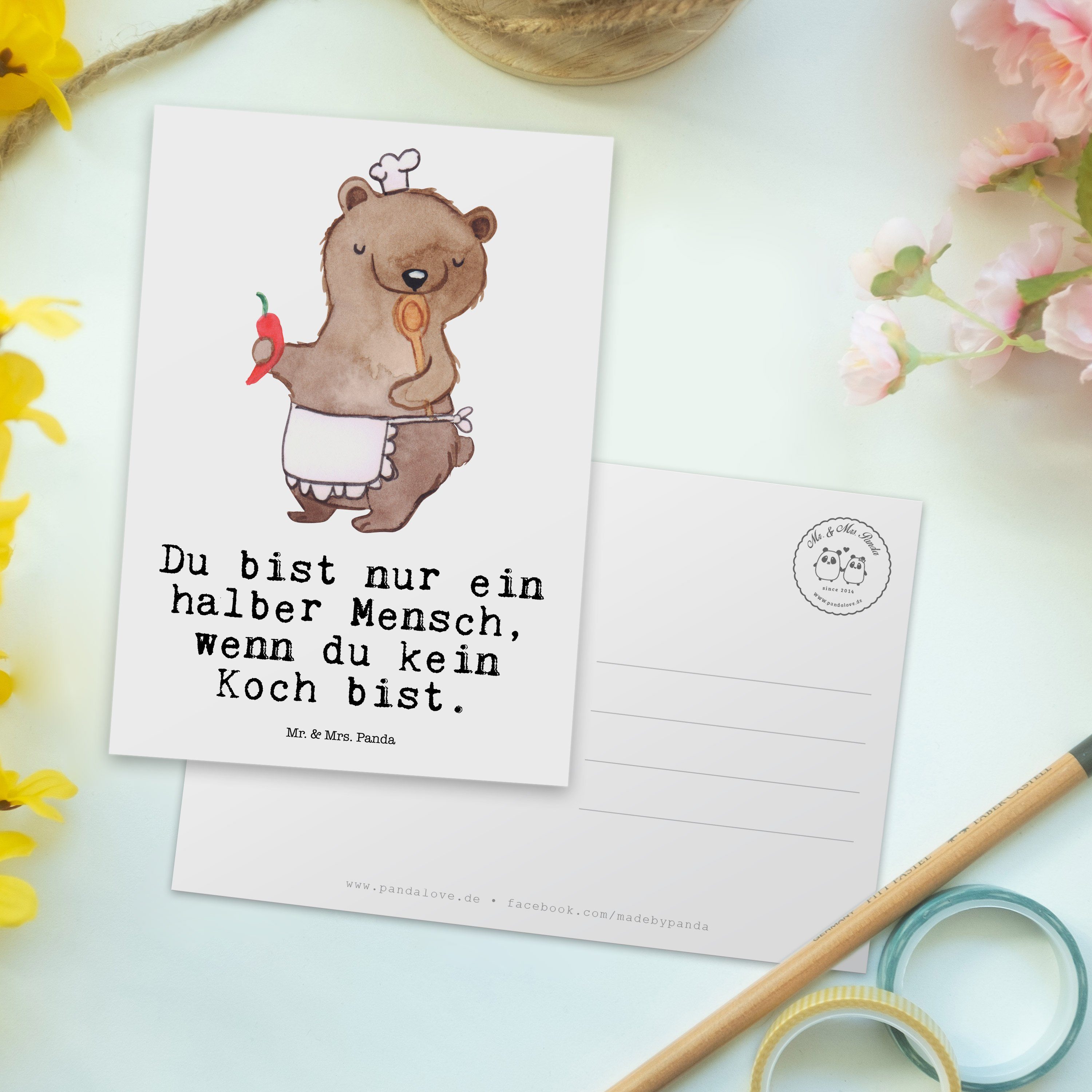 Mr. & Mrs. Panda Postkarte Koch - Küch Beruf, mit Geschenk, Ansichtskarte, Weiß Herz - Schenken