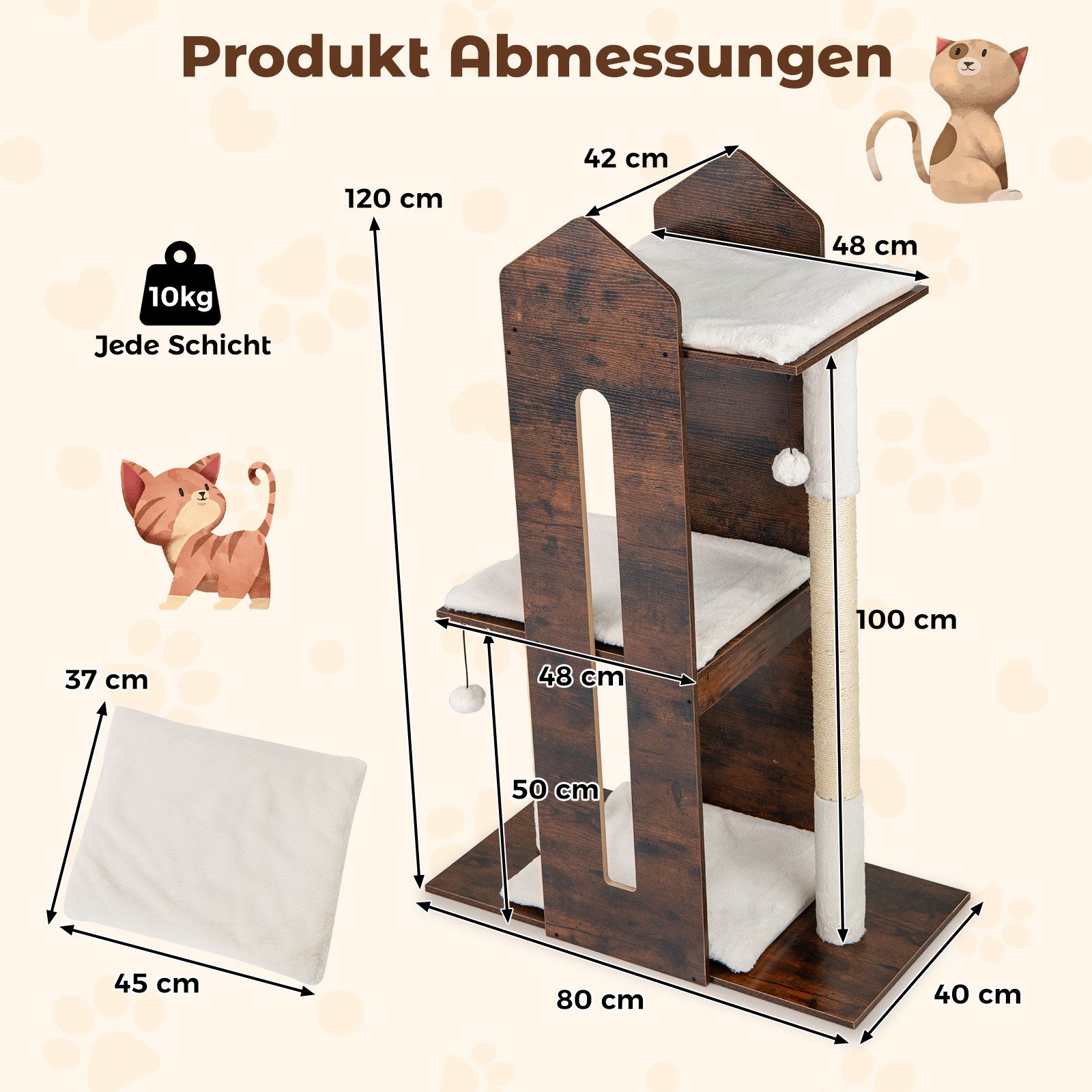 COSTWAY Kratzbaum, Katzenbaum, mit 3 Plattformen & abnehmbaren Kissens