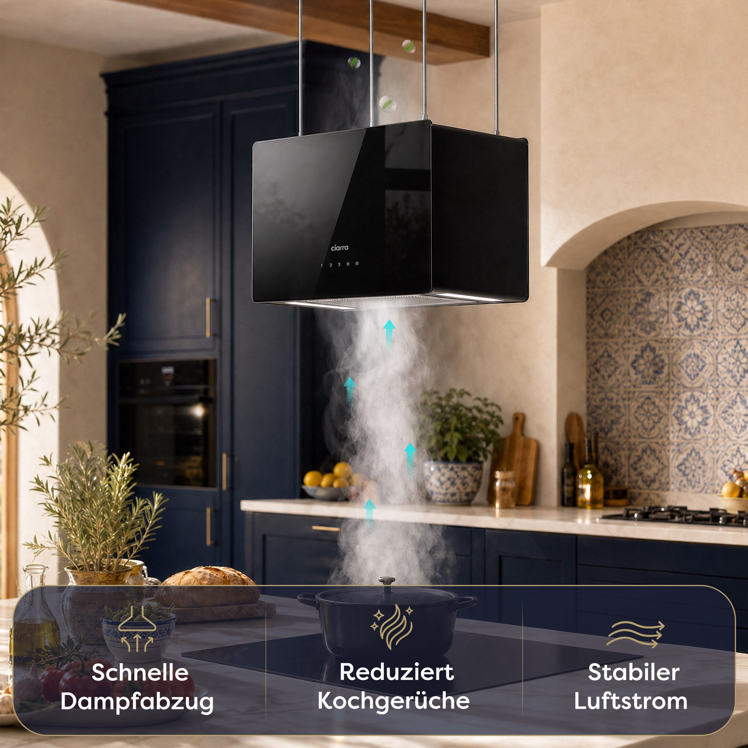 CIARRA Inselhaube Dunstabzugshaube freihängend 50cm A+++ 700 m³/h Umluft CBCB4850 mit Fettiltern 2 Aktivkohlefiltern WIFI-APP Touch Control Inkl. BOOST