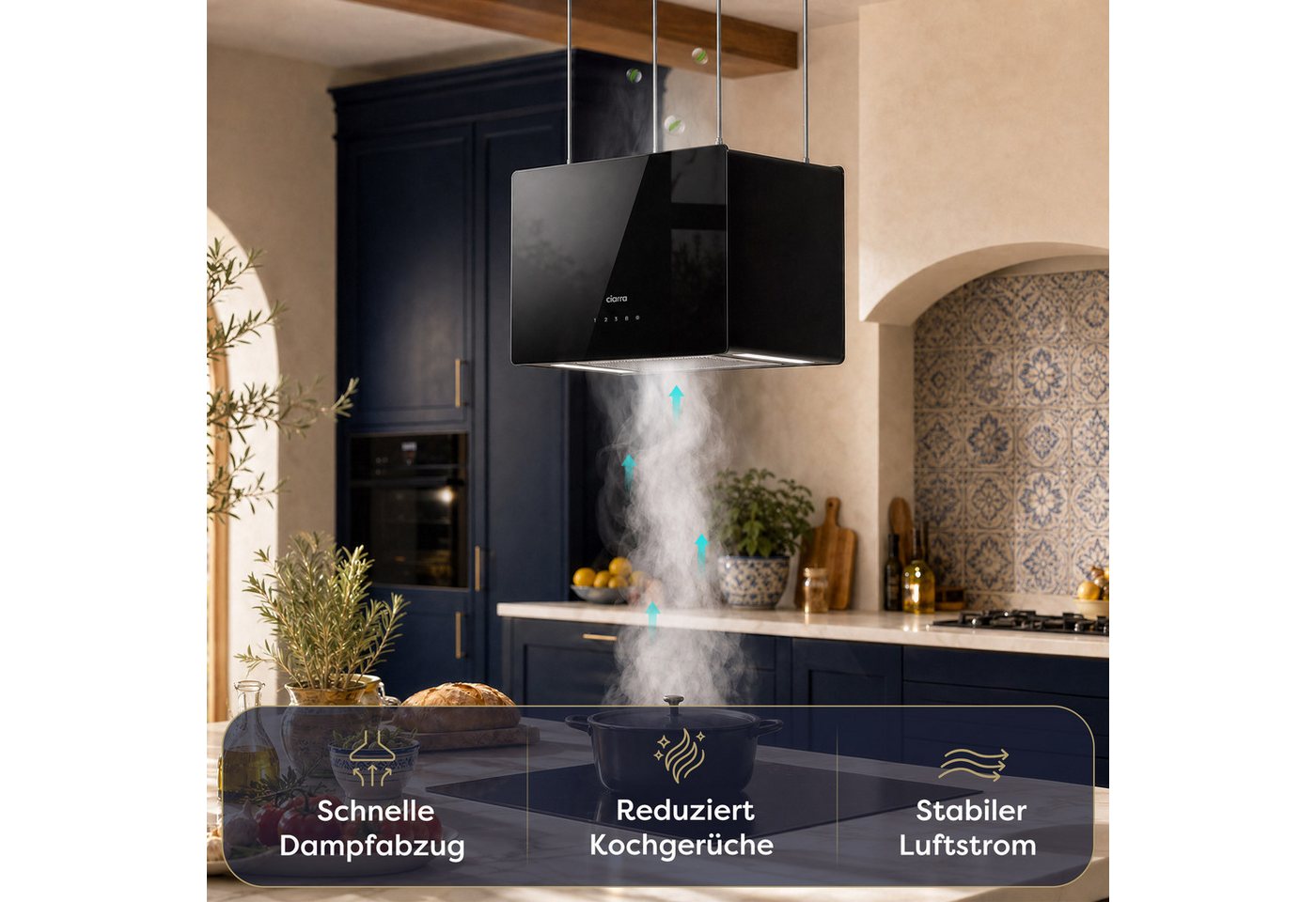 CIARRA Inselhaube Dunstabzugshaube freihängend 50cm A+++ 700 m³/h Umluft CBCB4850 mit Fettiltern 2 Aktivkohlefiltern WIFI-APP Touch Control Inkl. BOOST