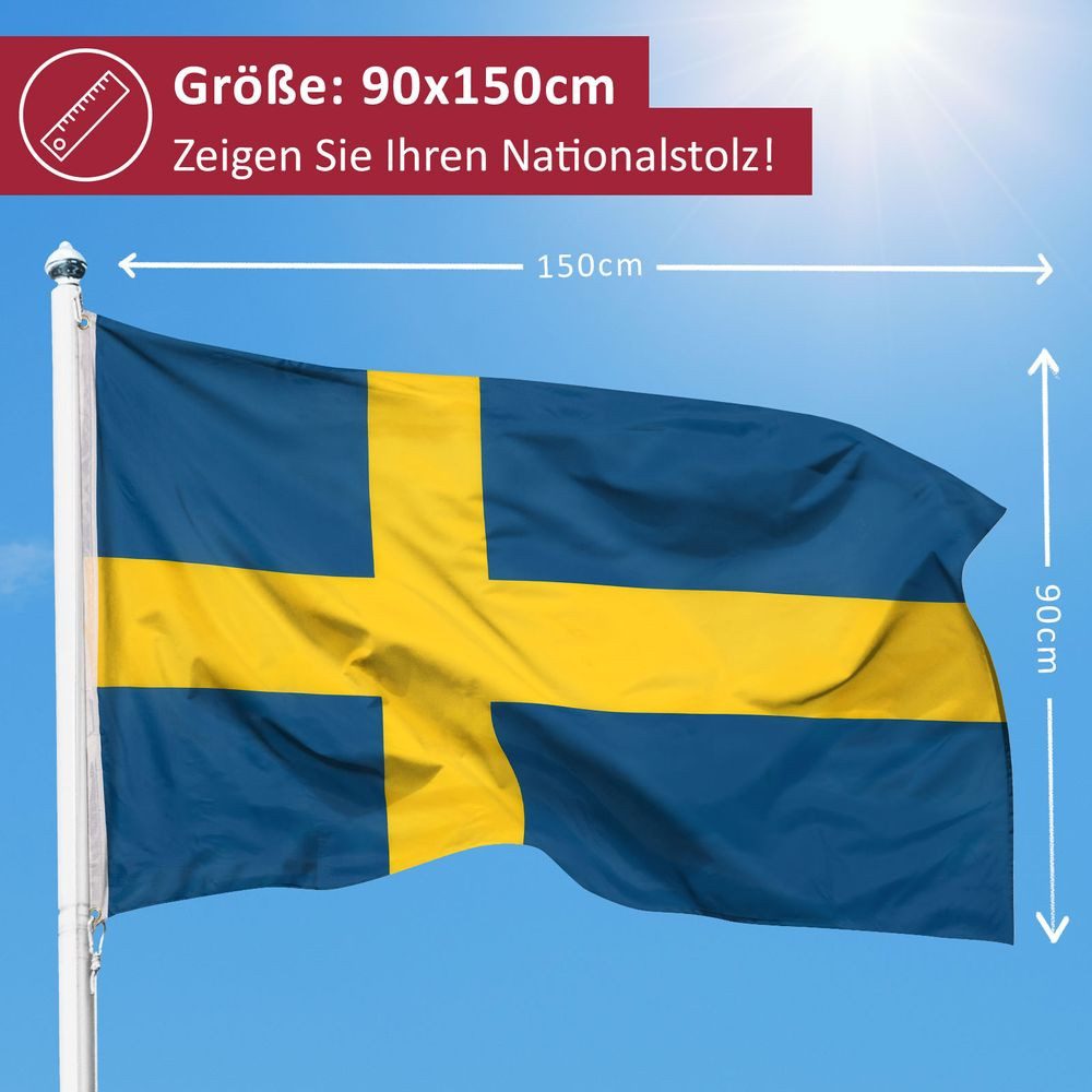 PHENO FLAGS Flagge Schweden Flagge 90 x 150 cm Schwedische Fahne Nationalflagge (Hissflagge für Fahnenmast), Inkl. 2 Messing Ösen
