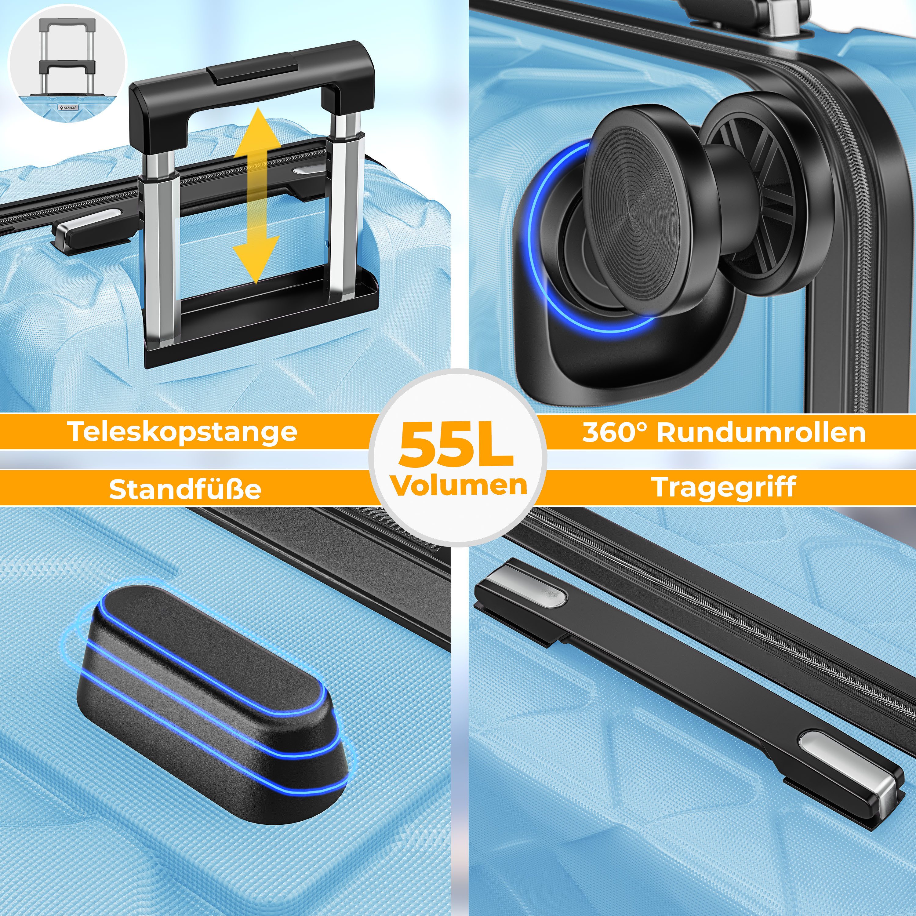 KESSER Hartschalen-Trolley Reisekoffer, 4 Rollen, ABS Hartschalenkoffer mit Zahlenschloss Kofferwaage & Reisebrieftasche – Bild 4 von 5
