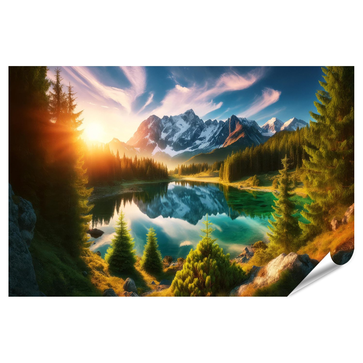 Islandburner Leinwandbild Wintermärchenland – Berglandschaft Alpen Mit Berghütten, 170x80cm 5-Teilig