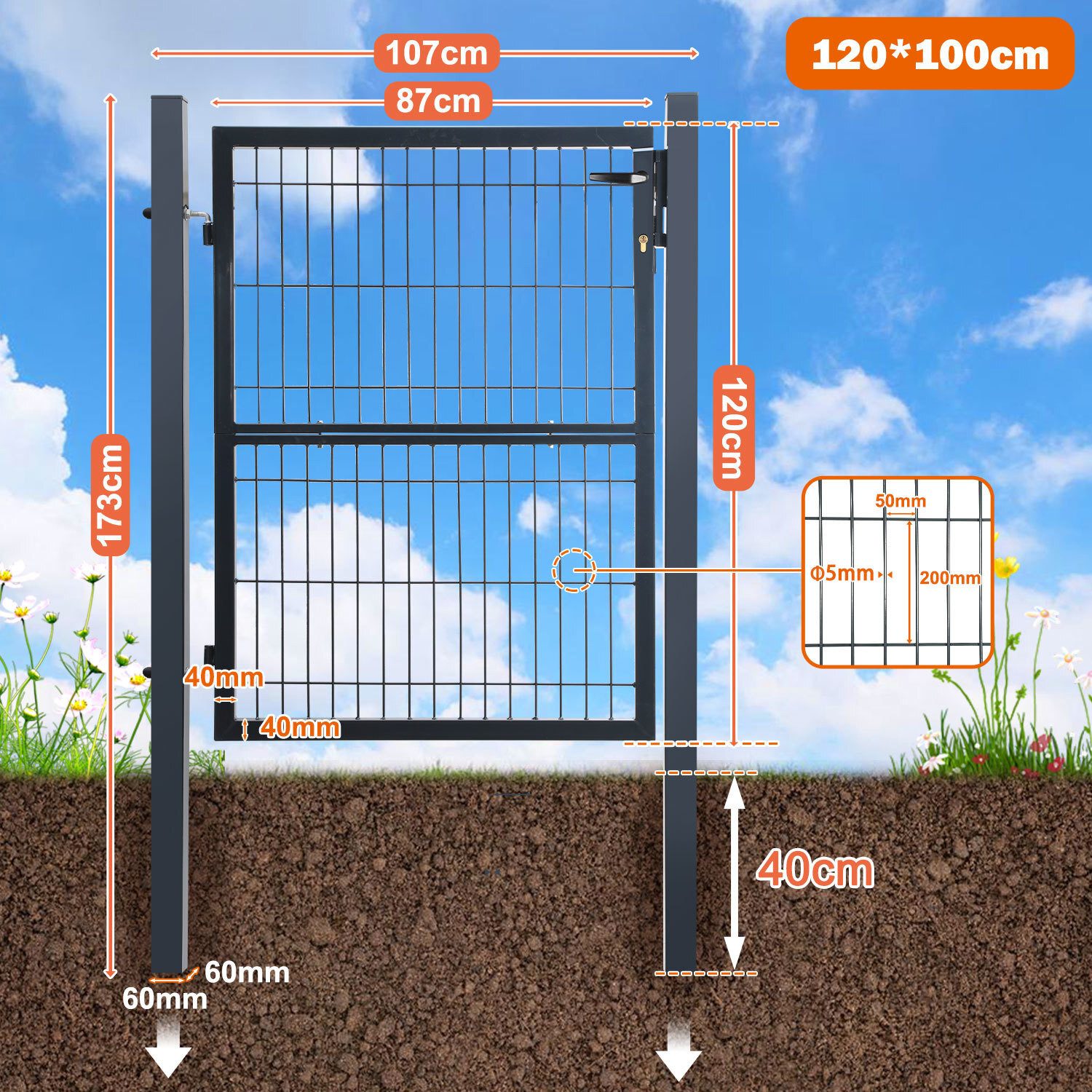 Clanmacy Gartentor 120CM Gartentor Doppelstabmatten Gartentor Anthrazit