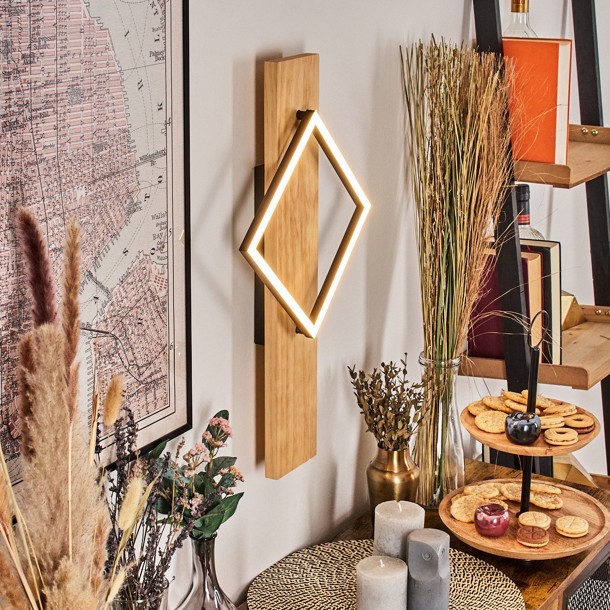 hofstein Wandleuchte Wandlampe aus Holz/Metall/Kunststoff in Naturfarben/Schwarz/Weiß, ohne Leuchtmittel, Leuchte im Retro-Design mit Holzbalken, 13 W, 1750 Lumen, 3000 Kelvin