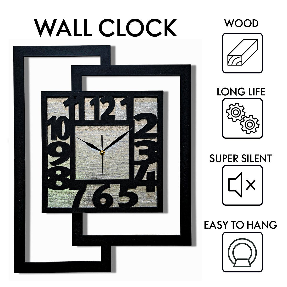 ORNAMENTI Wanduhr Große handgefertigte,moderne aus Holz, Hingucker,44 x 56 cm (Rechteckig vertikal, ohne Tickgeräusche für Wohnzimmer lesbare Ziffern) – Bild 3 von 5