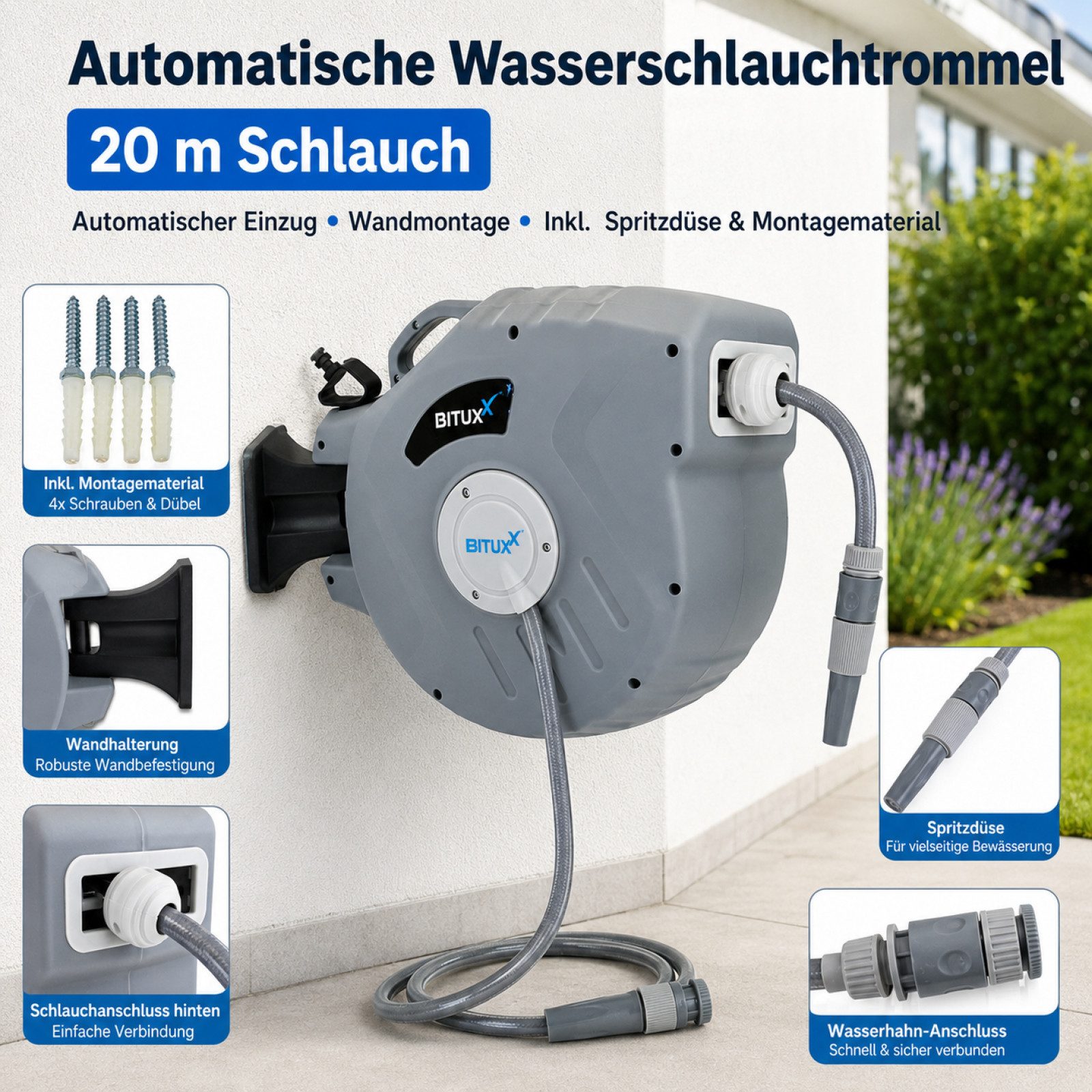 Bituxx Schlauchtrommel Wasser - 20 Meter Wand Wasserschlauchtrommel mit Automatik Aufroller, (1-tlg., MS-17756)