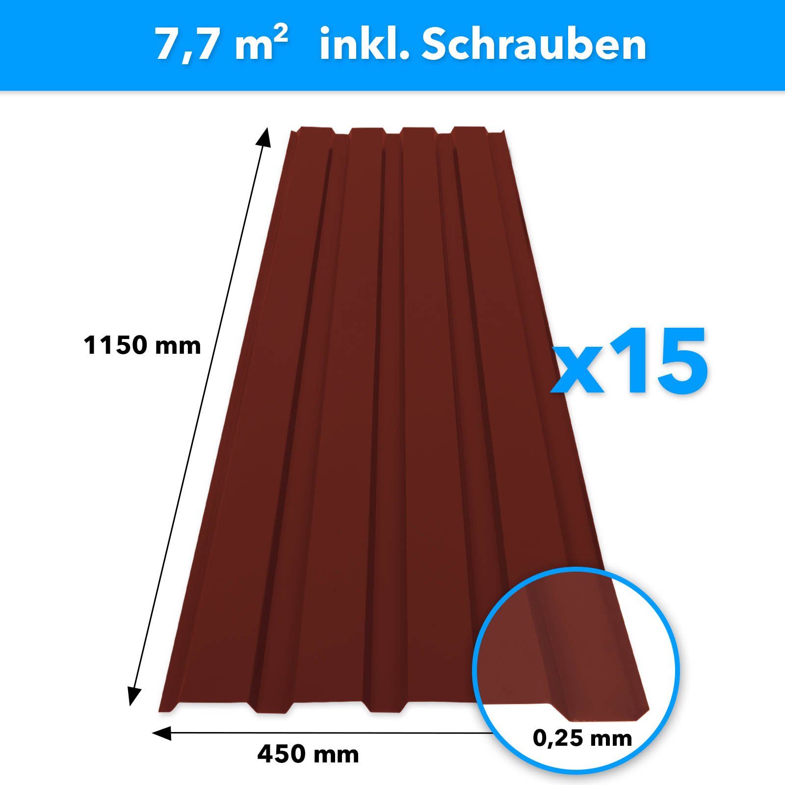 Karat Trapezblech Dachblech 7,7m² inkl Schrauben, Wandblech verzinkt, Profilblech, Blech verzinkt, 1150x450x0,25 mm (Spar-Set 15-St. 115x45 cm) wetterfest für Carport & Gartenhaus, verschiedene Farben