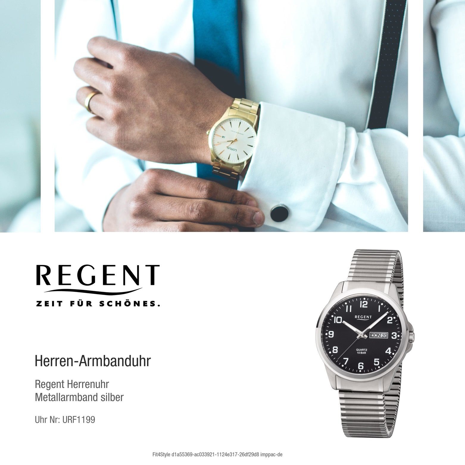 F-1199 Quarzuhr Metallarmband Uhr groß Regent schwarz Quarz, Metall rund, Herren Herren 40mm), Regent Armbanduhr (ca.