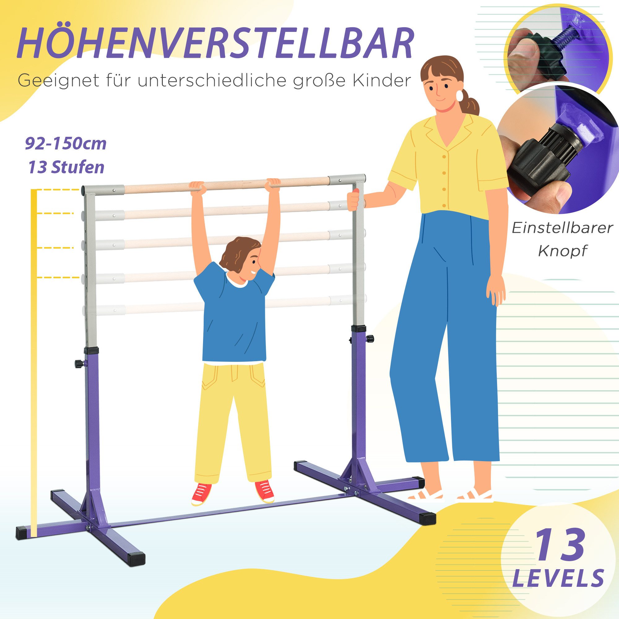 HOMCOM Turnreck Gymnastikstange höhenverstellbar Stahlkonstruktion bis 75 kg, (Turnstange aus Holz, 1-St., Reck), für 3+ Kinder, Indoor, Outdoor, Violett – Bild 4 von 5