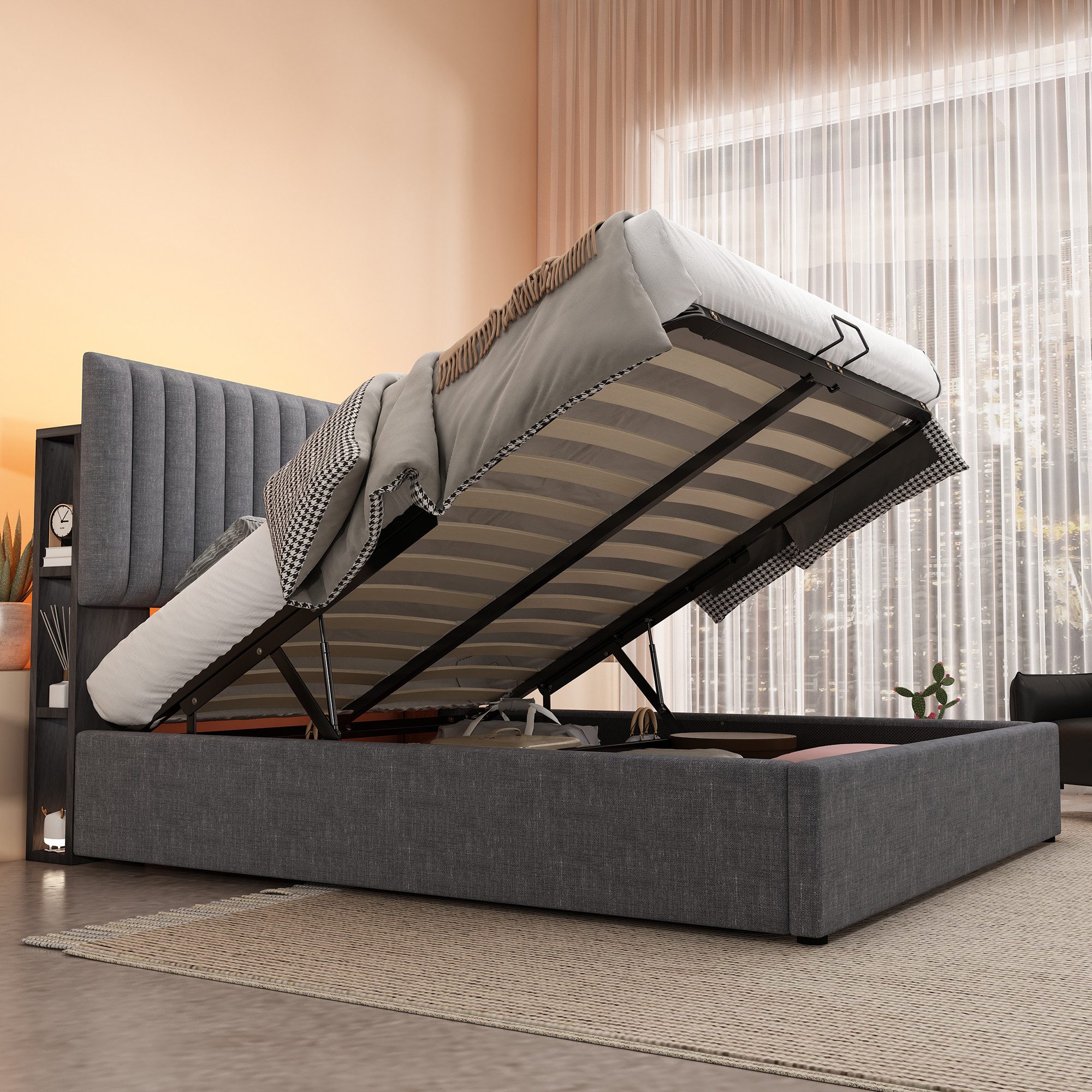 Polsterbett (Stauraumbett, Doppelbett 140x200cm mit Lattenrost und LED-Beleuchtung), mit Ladefunktion und Stauraumfächer, Verstellbares Kopfteil, Leinen