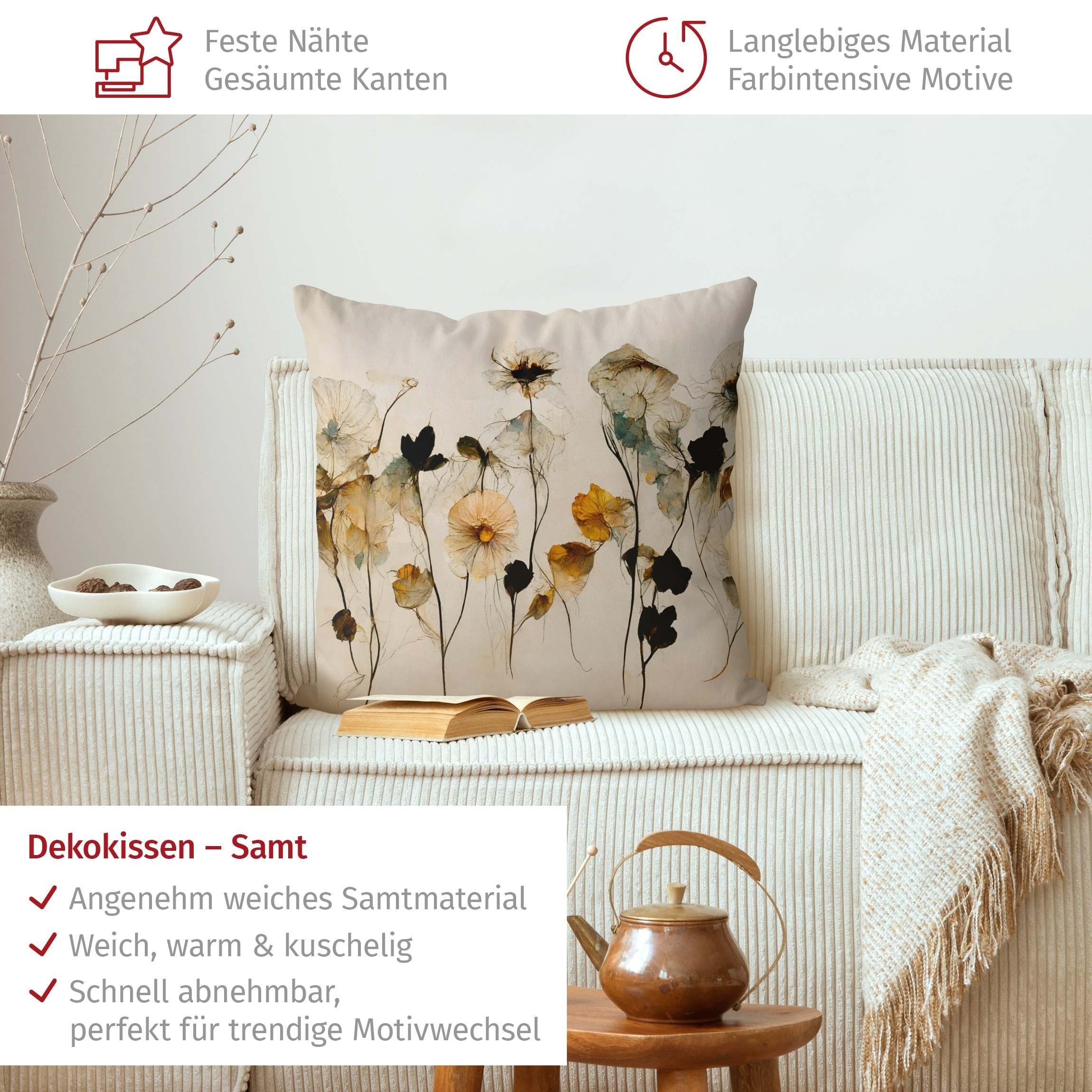Bilderdepot24 Dekokissen drinnen Kissenhülle/ Sofakissen/ Zierkissen Kissenhülle beige Blumen, Bezug mit / ohne Füllung Zierkissen Outdoor Sofa Bett