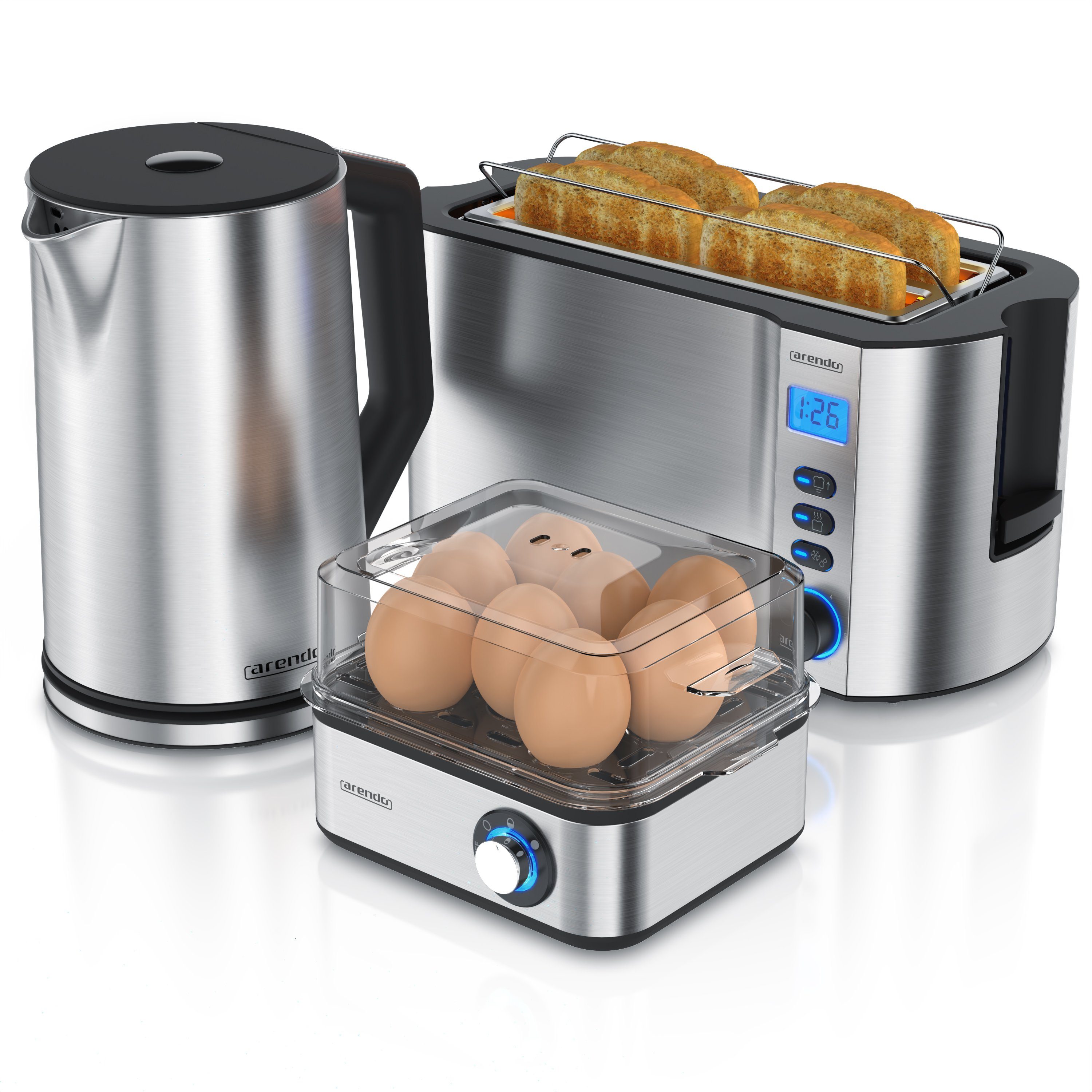 1,5l, Toaster, Wasserkocher 8er Frühstücks-Set 4-Scheiben Eierkocher, Silber Arendo (3-tlg),