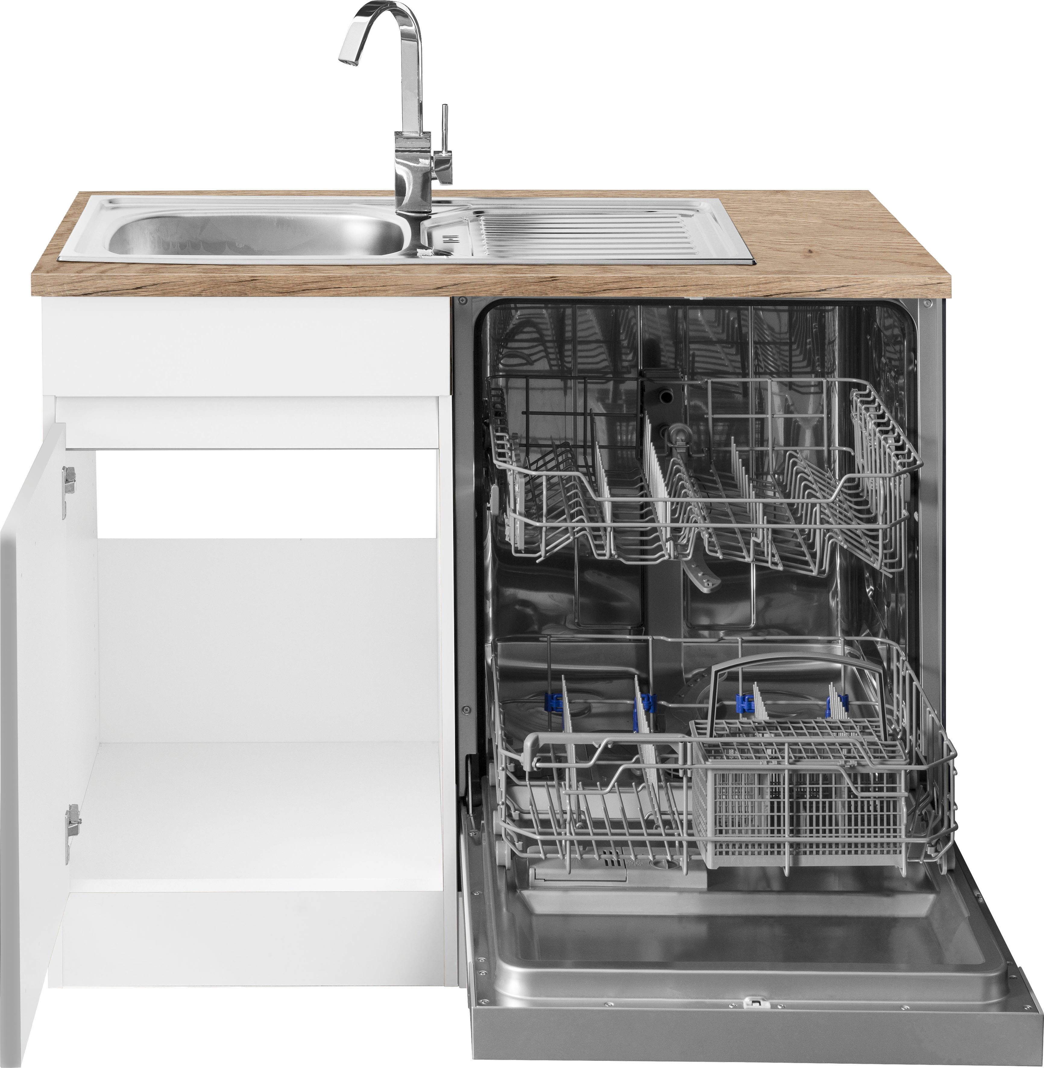Meuble de cuisine OPTIFIT Roth, dimensions 300 x 175 cm, avec électroménager en option, et meuble garde-manger.
