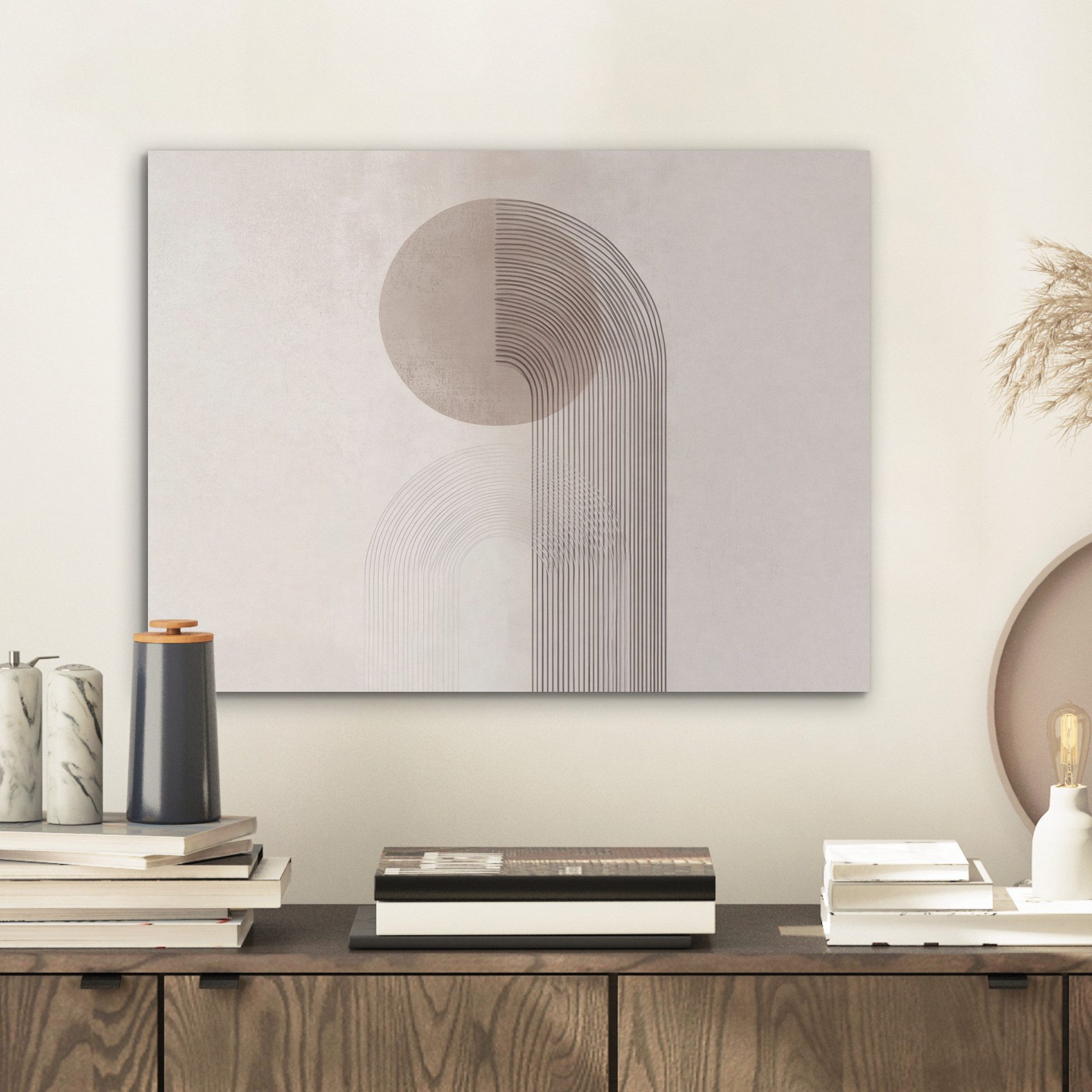 MuchoWow Gemälde Minimalistisch - Kreis - Hellgrau, Fotodruck (1 St), Akustikpaneele PET-Filz, Akustikbild, Schalldämmung, Deko 40x30 cm
