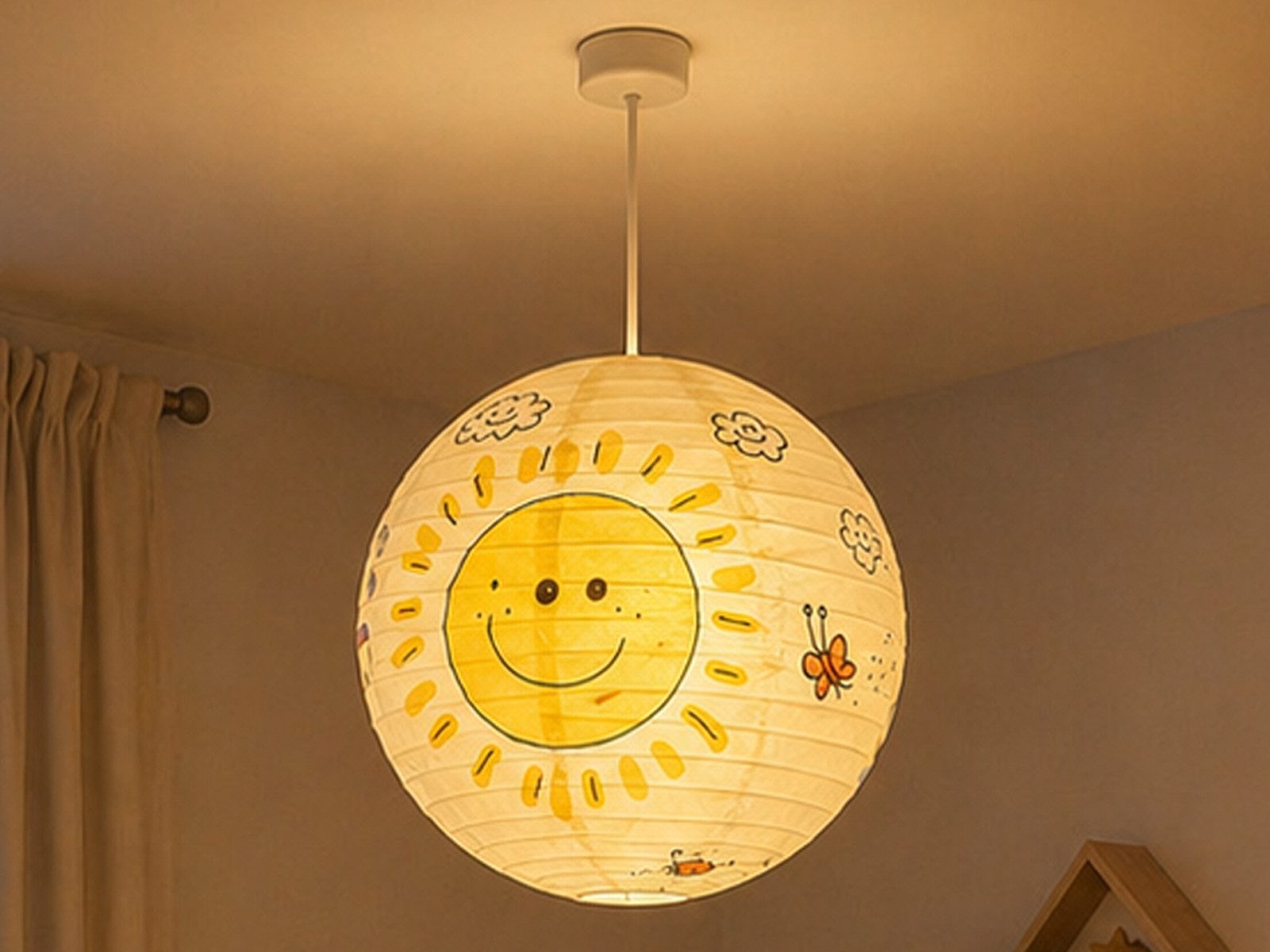 niermann Pendelleuchte Kugel Lampenschirm Papier m. Motiv Ø40cm, ohne Leuchtmittel, Papier-Lampe mit Kugel Lampenschirm mit Sonnen-Motiv für Kinderzimmer