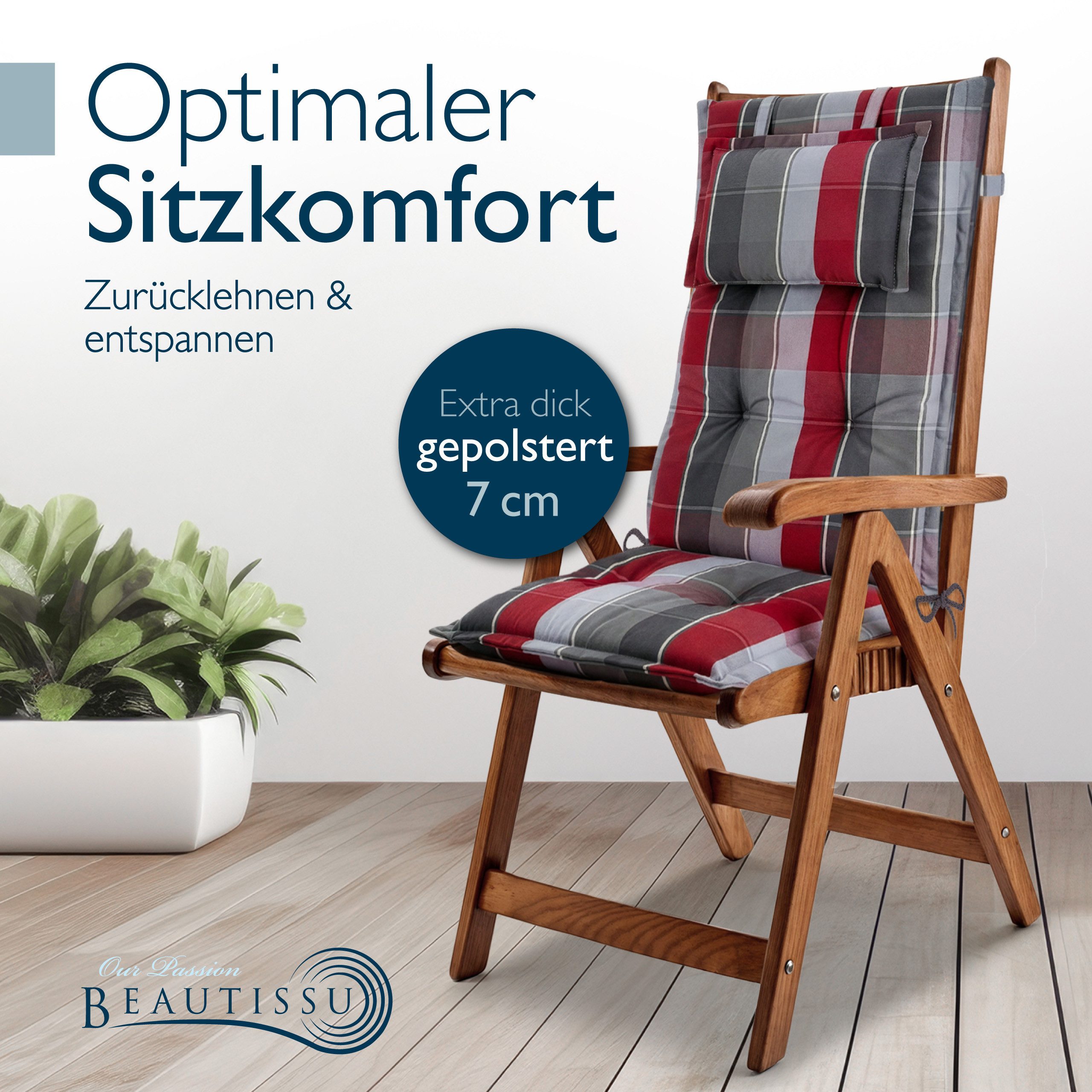 Beautissu Hochlehnerauflage 4x Premium Hochlehnerauflage 120x50x7cm, Grau-Rot-Hellblau-Kariert, Gartenstuhlauflage Hochlehner - Robuster Stoff & UV-Lichtechtheit
