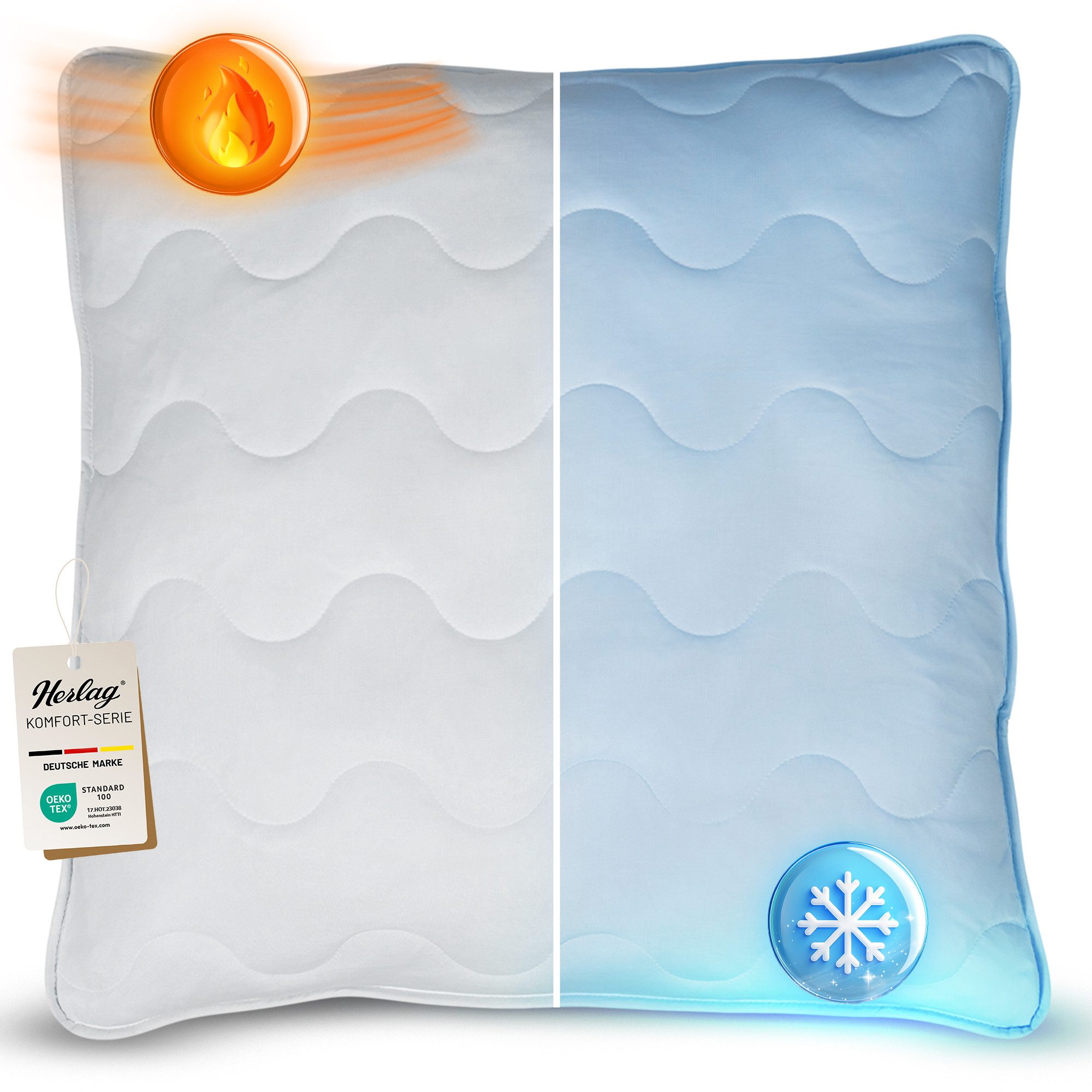Herlag Kopfkissen 2-in-1 Sommer- & Winterseite, Bauchschläfer, Rückenschläfer, Seitenschläfer, Ganzjahres-Wendekissen Kühlend & Wärmend