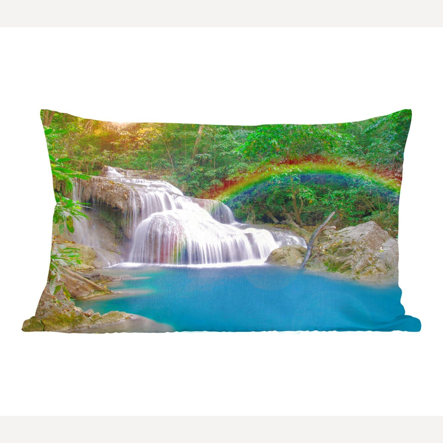 - Dekokissen Wasserfall Dekoration, Wohzimmer Füllung, Regenbogen - Sonne - Zierkissen, Schlafzimmer Dekokissen Natur, mit MuchoWow