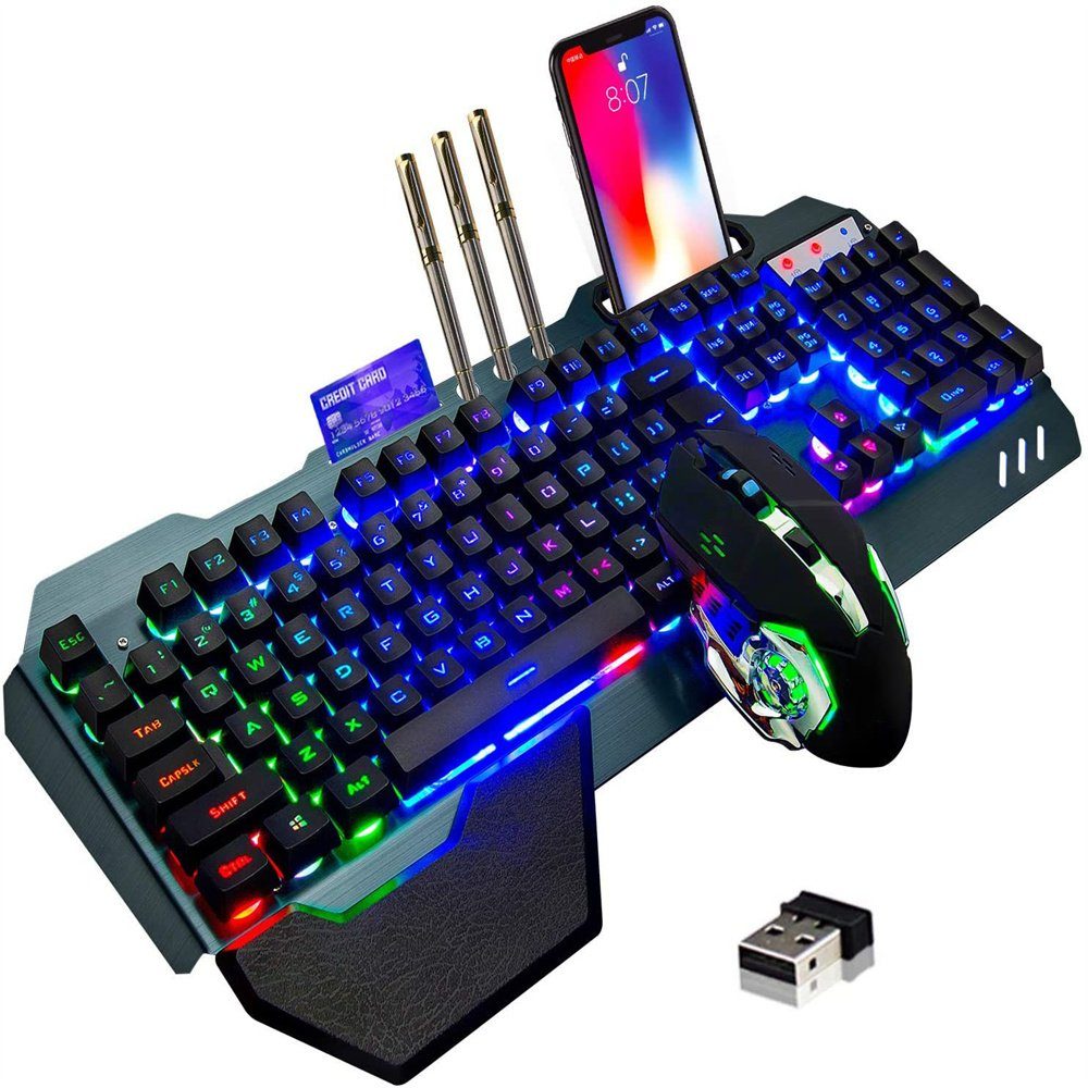 longziming »Wireless-Spieletastatur und-maus, mit Hintergrundbeleuchtung  aufladbare Tastatur mit Hintergrundbeleuchtung, mit  3800mAh-Battery-Metallplatte, entfernbare Handauflage-Tastatur und  7-farbige Gaming-Stummschaltung für PC-Spiele« Gaming-Tastatur