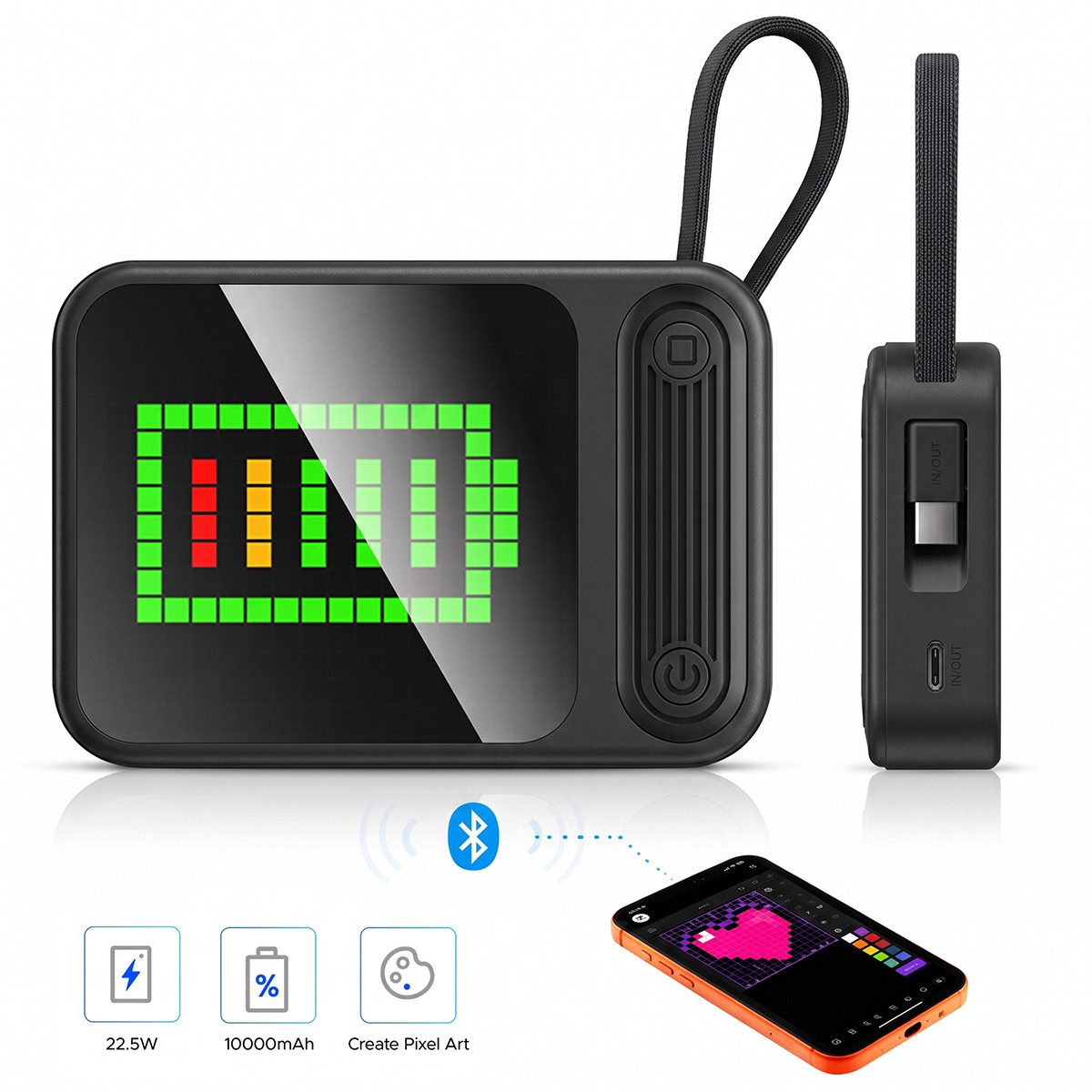 ORICO PixCharge Plus Powerbank 10000mAh mit 22,5W Schnellladung, Powerbank 256-LED Pixel Display & App-Steuerung, integriertem USB-C Kabel 10000 mAh (5V / 9V / 12V V, 1 St), externer Akku für Smartphone & Tablet