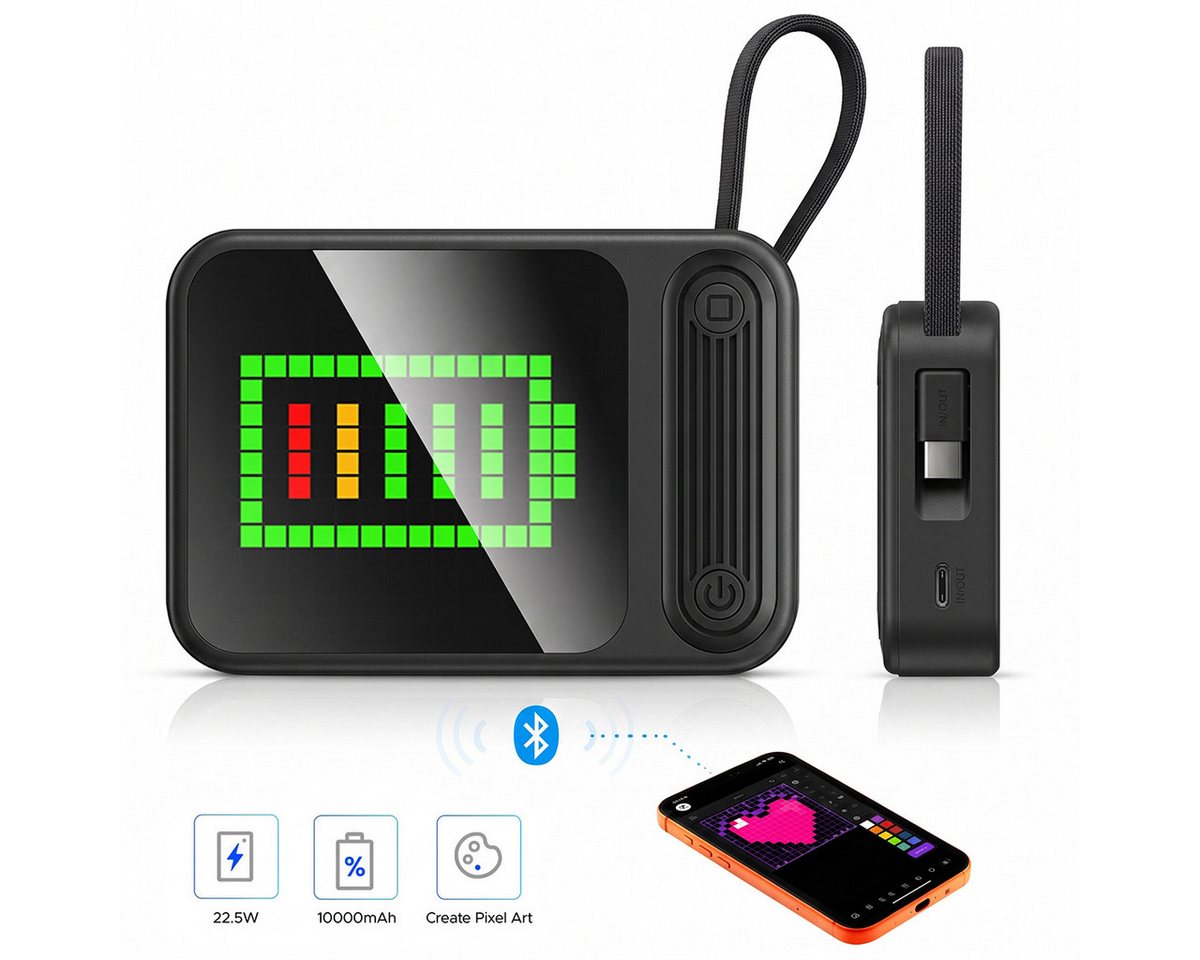 ORICO PixCharge Plus Powerbank 10000mAh mit 22,5W Schnellladung, Powerbank 256-LED Pixel Display & App-Steuerung, integriertem USB-C Kabel 10000 mAh (5V / 9V / 12V V, 1 St), externer Akku für Smartphone & Tablet