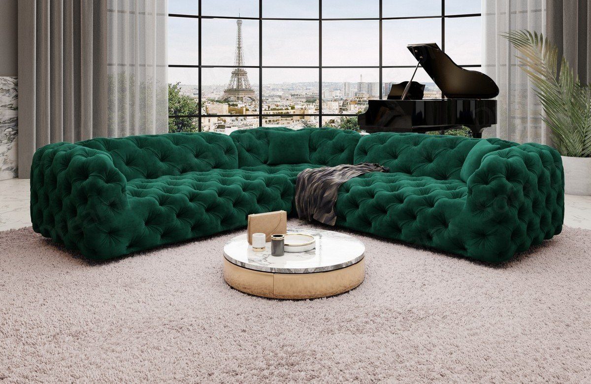 Sofa Dreams Lanzarote Stoffsofa, Chesterfield Form grün37 Luxus im Samtstoff Stil L Couch Sofa Stoff Ecksofa