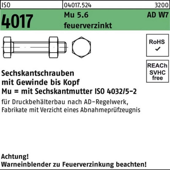 Bufab Sechskantschraube 100er Pack Sechskantschraube ISO 4017 VG Mutter M16x 50 5.6 AD W7 feue