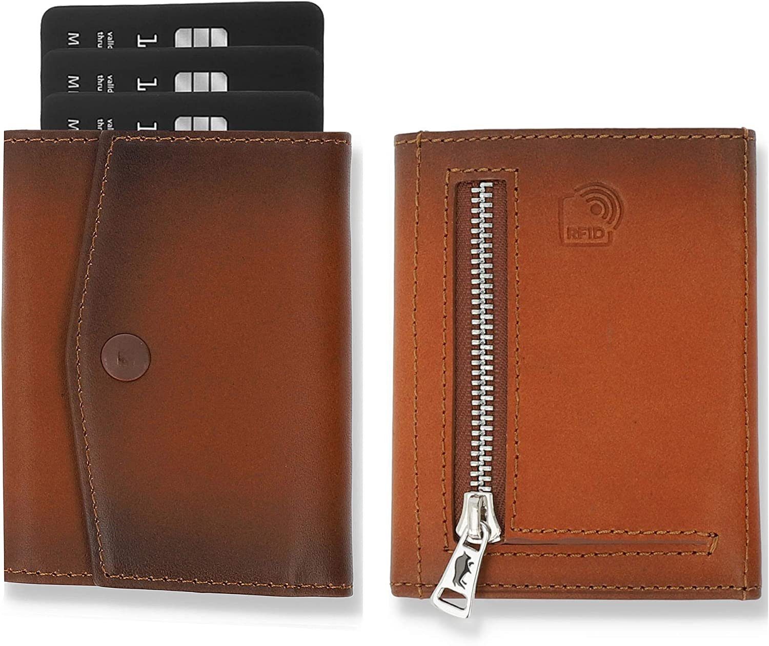 Solo Pelle Geldbörse Slim Wallet mit Münzfach I Geldbeutel mit RFID Schutz I für 12 Karten, RFID Schutz, Echtes Leder, dünne Geldbörse Cognac Braun